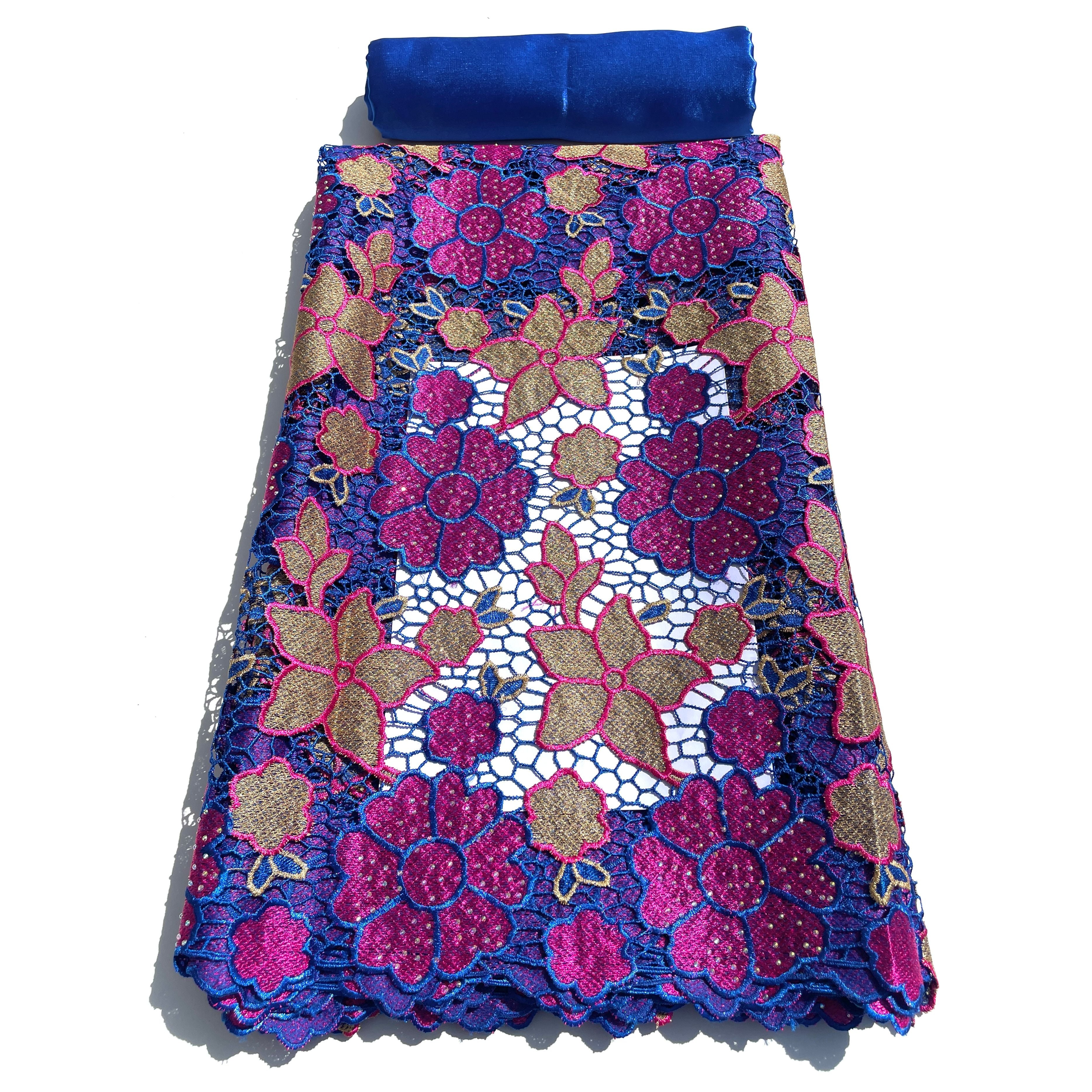 Dentelle Guipure Broderie Africaine - Tissu 5 Yards Coton - BLEU / ROSE / BEIGE
