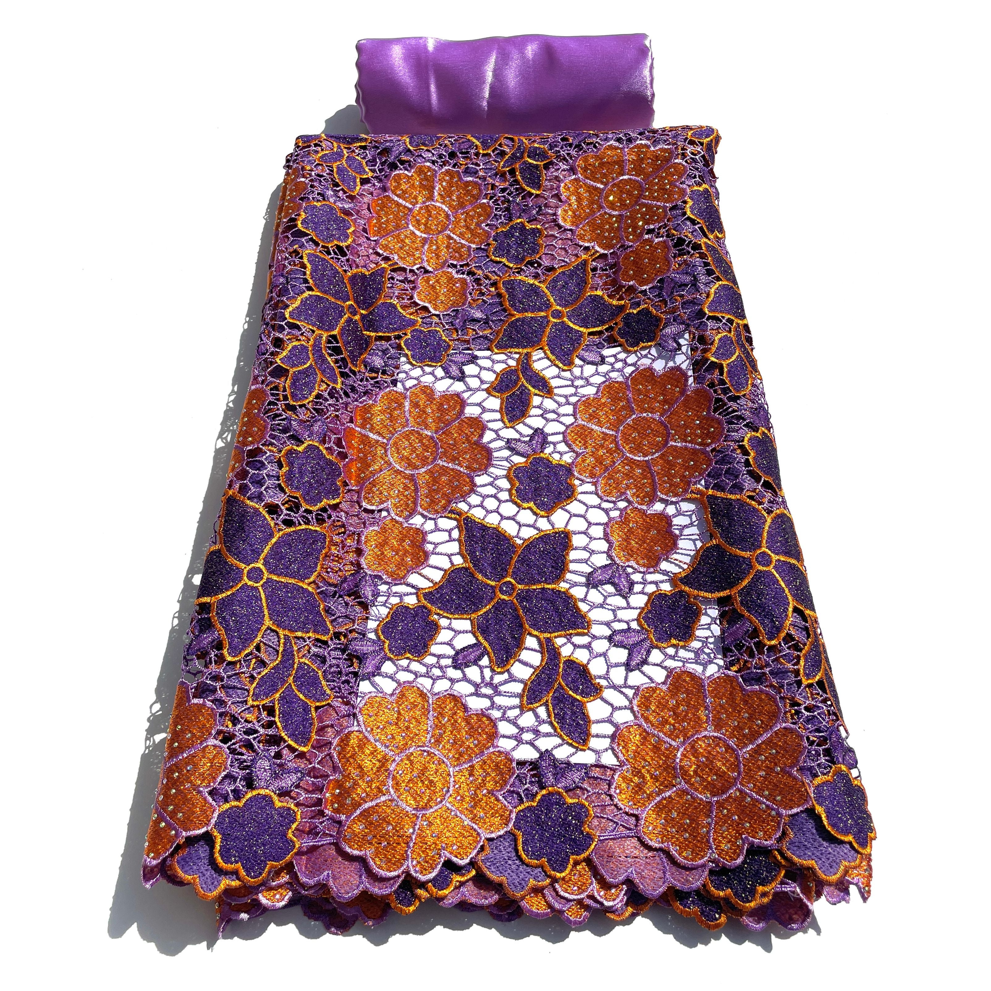 Dentelle Guipure Broderie Africaine - Tissu 5 Yards Coton - VIOLET / ORANGE