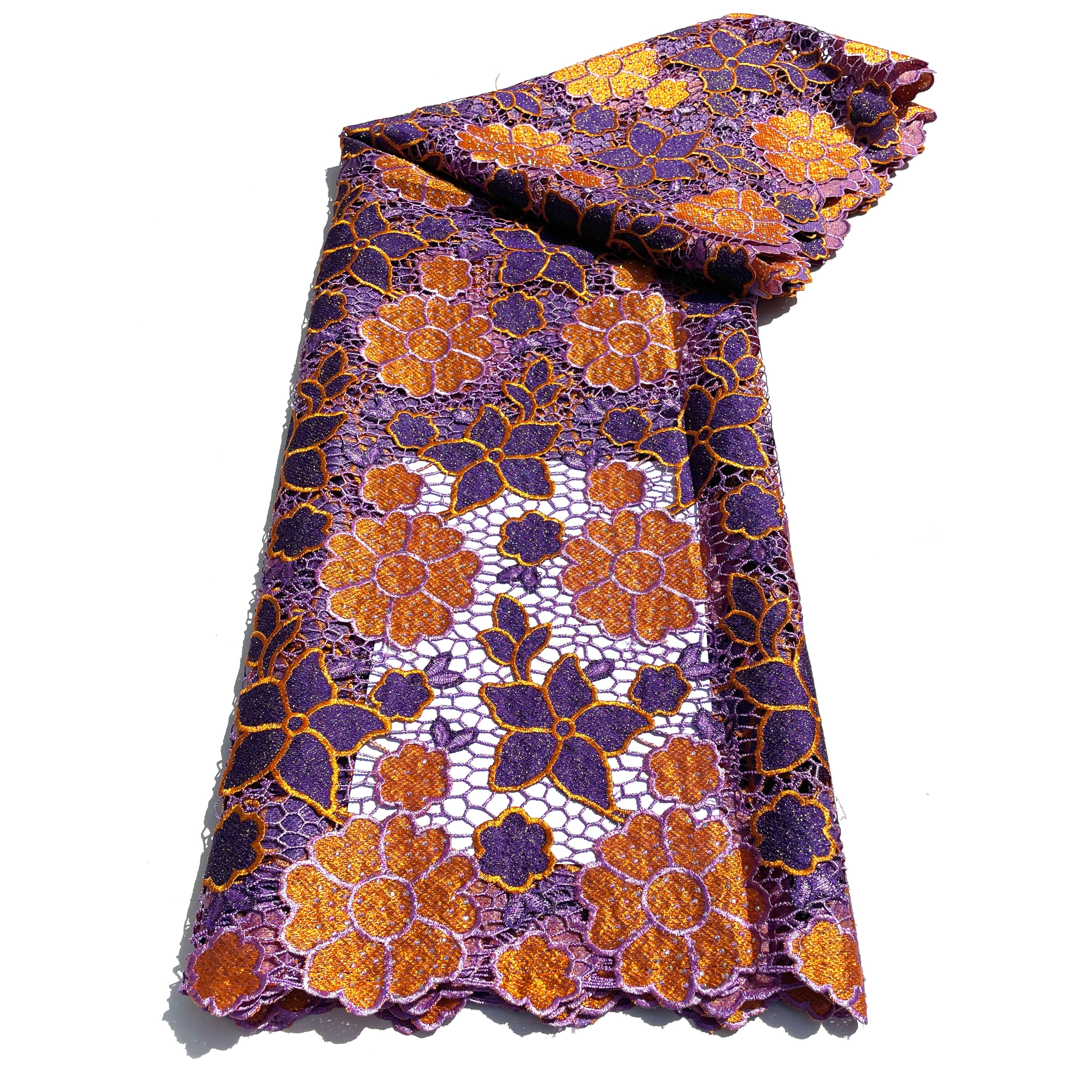 Dentelle Guipure Broderie Africaine - Tissu 5 Yards Coton - VIOLET / ORANGE