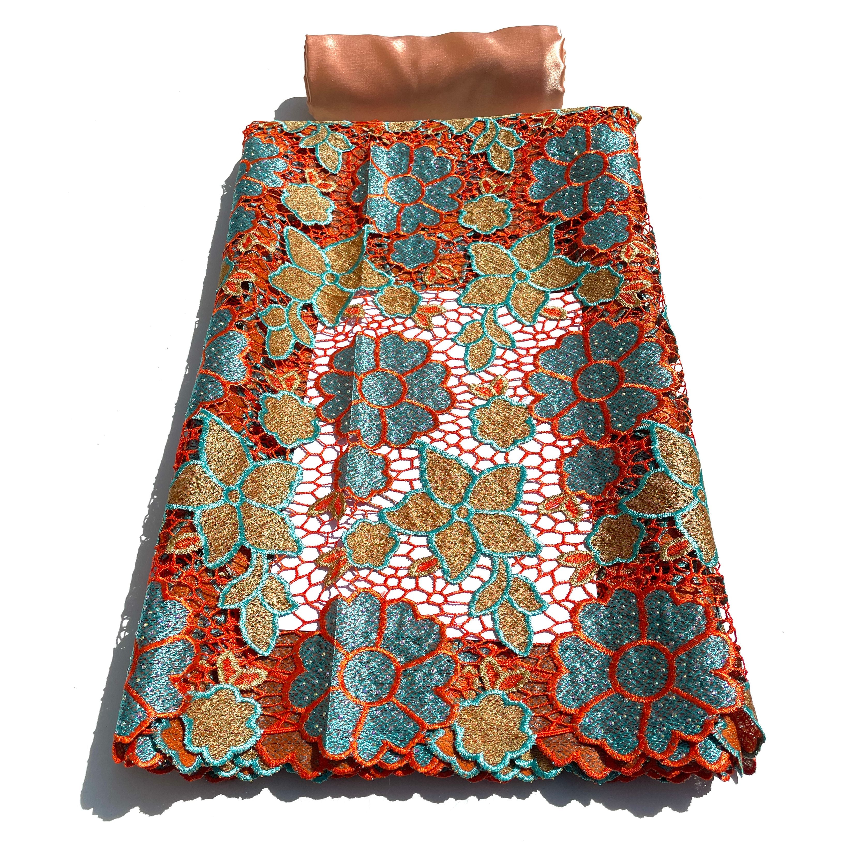 Dentelle Guipure Broderie Africaine - Tissu 5 Yards Coton - TURQUOISE / ORANGE / BEIGE