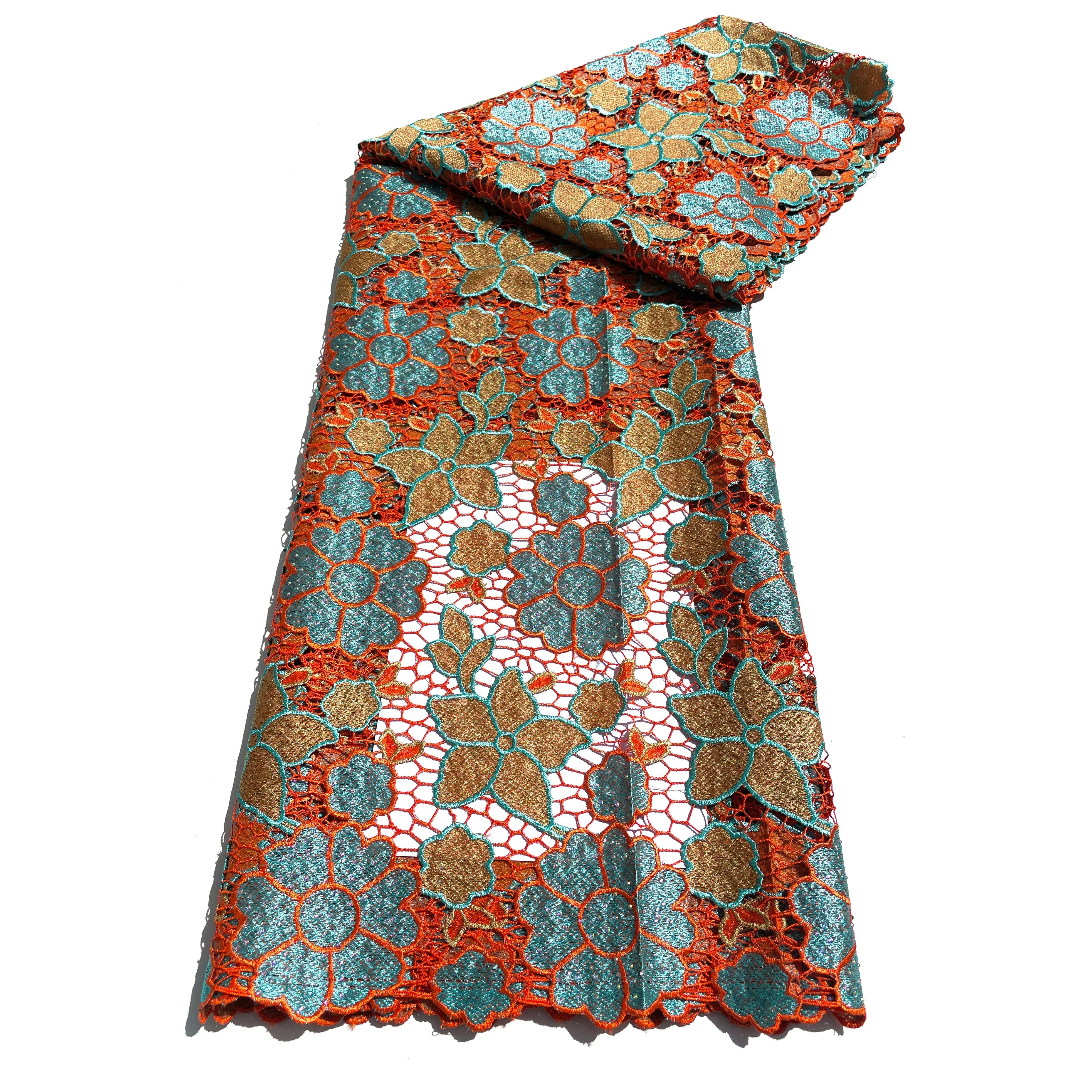 Dentelle Guipure Broderie Africaine - Tissu 5 Yards Coton - TURQUOISE / ORANGE / BEIGE