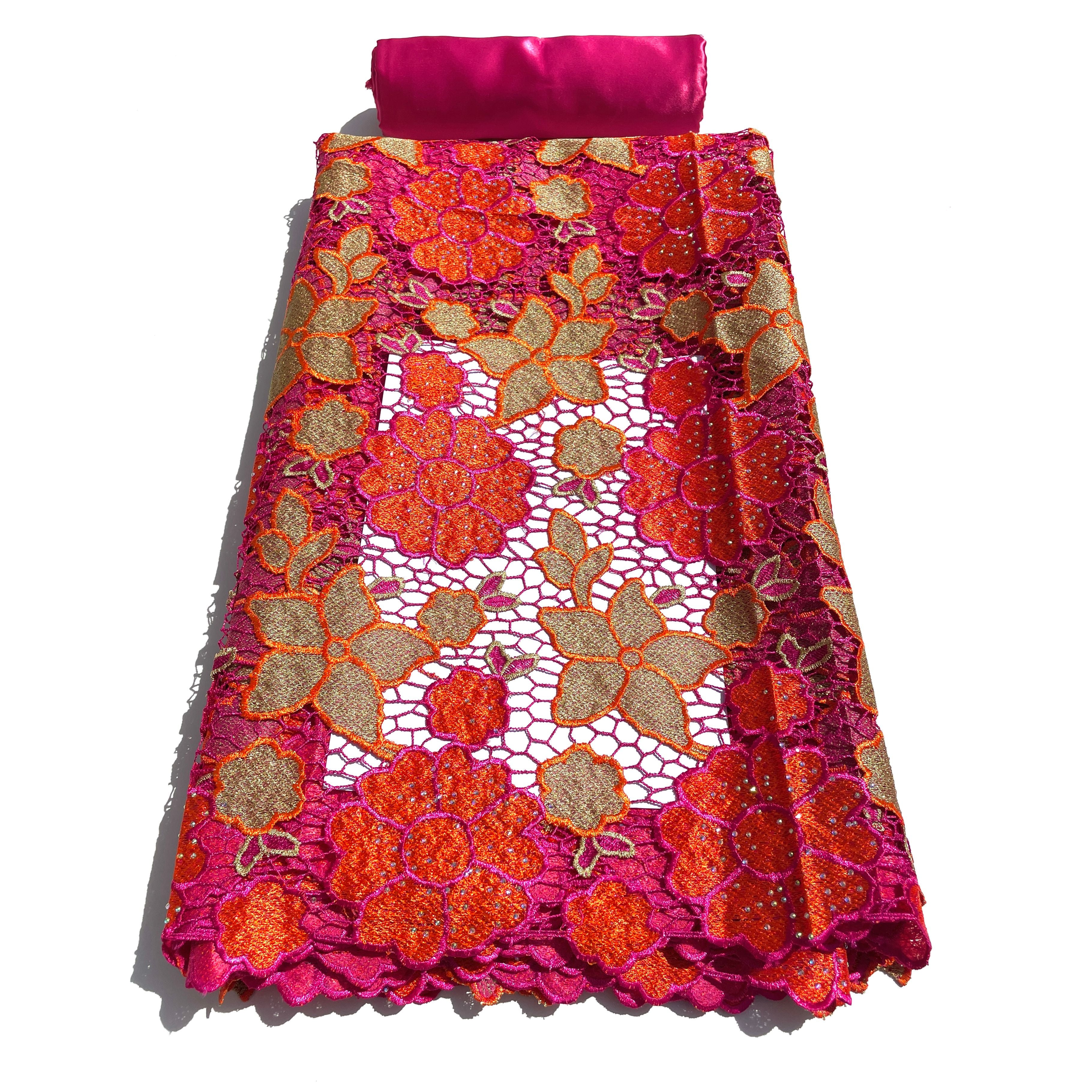 Dentelle Guipure Broderie Africaine - Tissu 5 Yards Coton - ROSE / ORANGE / BEIGE