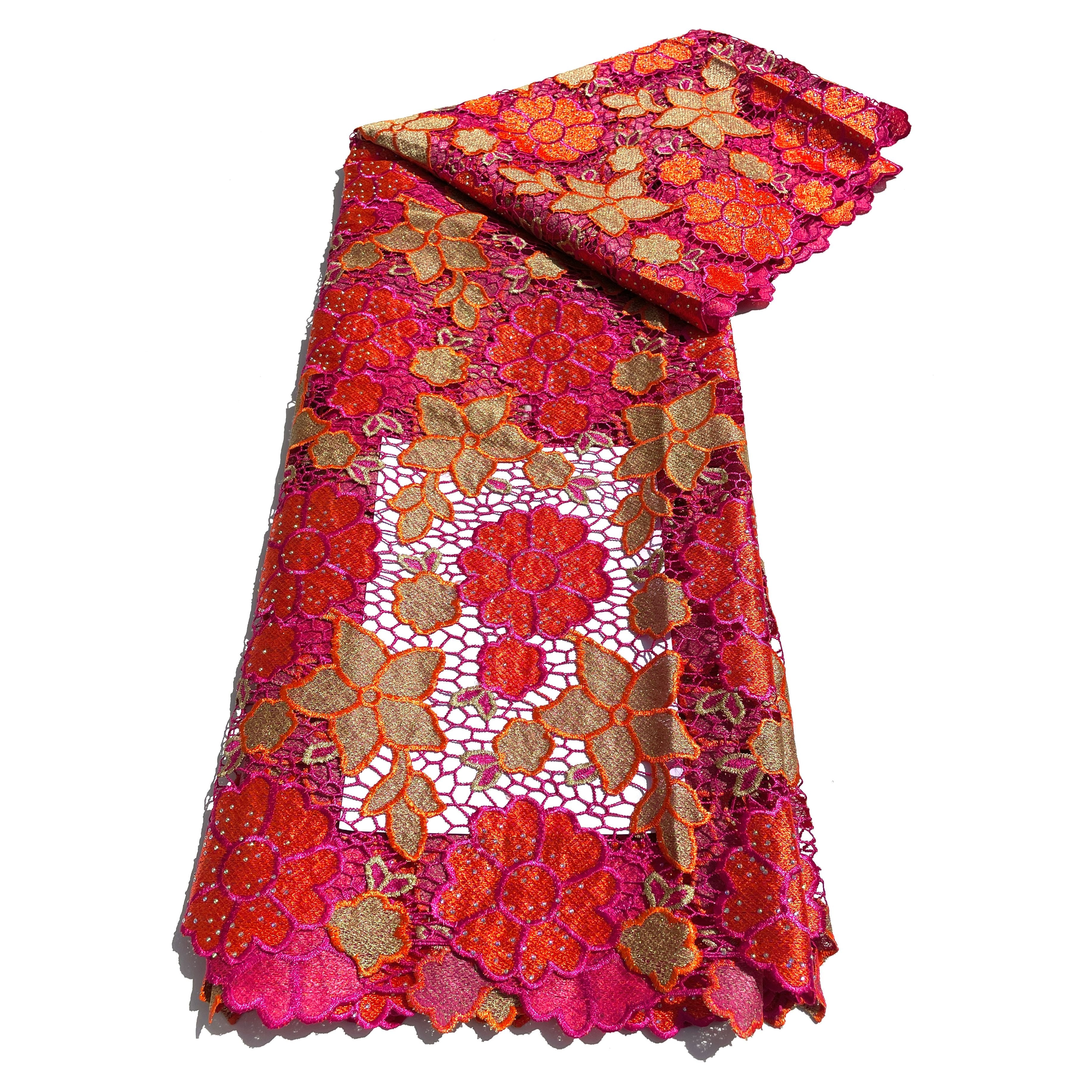 Dentelle Guipure Broderie Africaine - Tissu 5 Yards Coton - ROSE / ORANGE / BEIGE