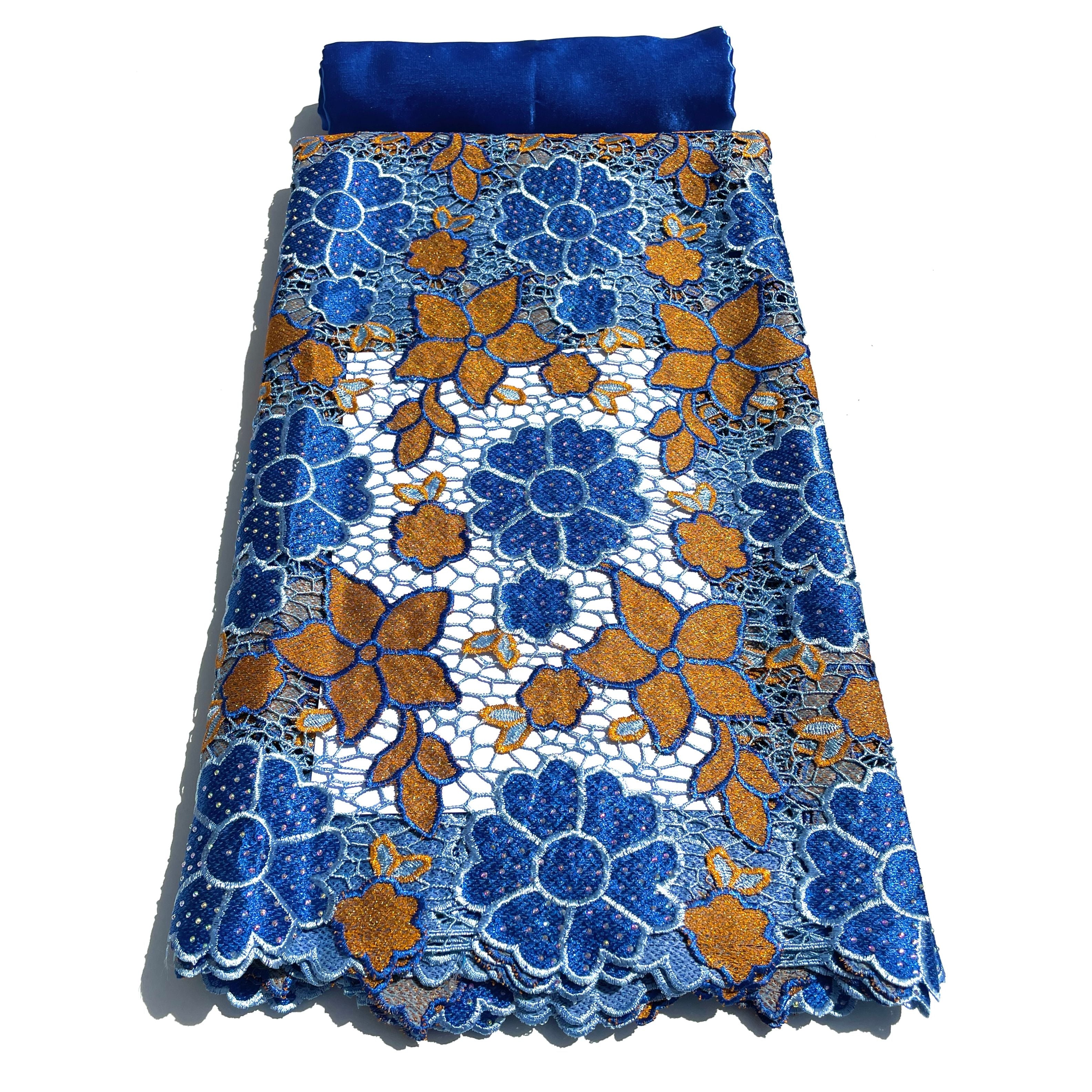 Dentelle Guipure Broderie Africaine - Tissu 5 Yards Coton - BLEU / MARRON