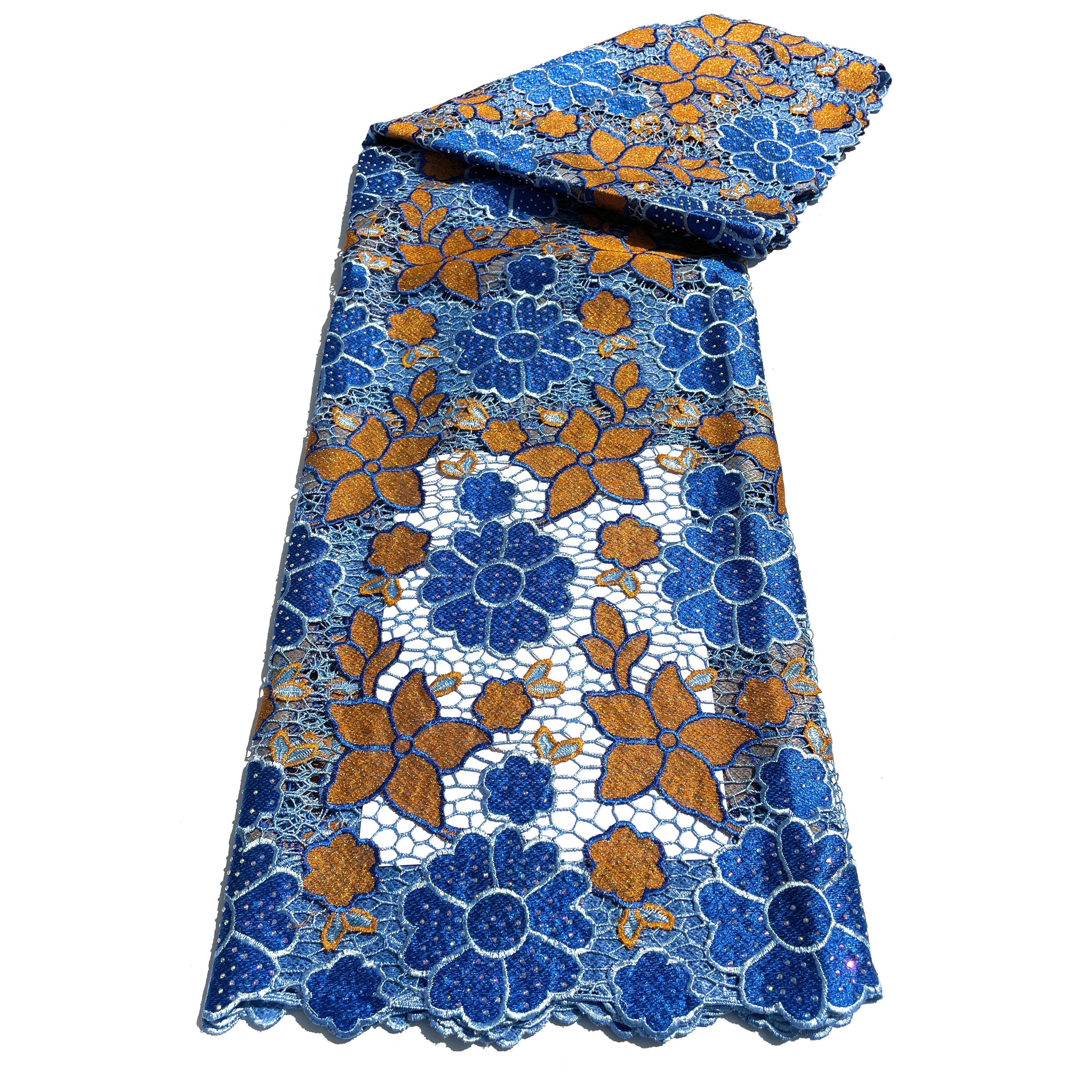 Dentelle Guipure Broderie Africaine - Tissu 5 Yards Coton - BLEU / MARRON