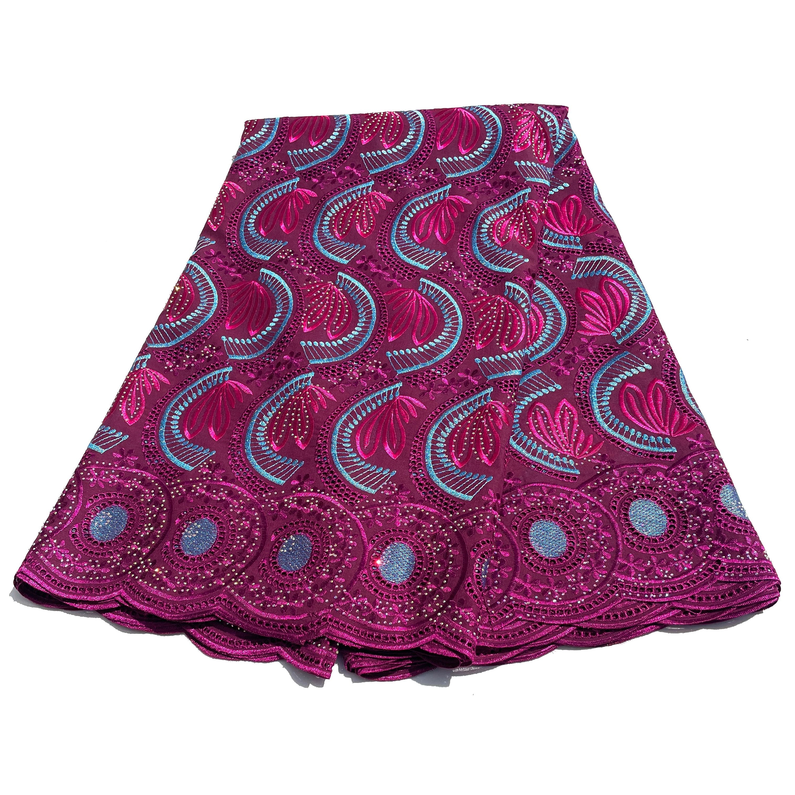 Brodé Broderie type SWISS LACE - Tissu African 5 Yards - VIOLET / BLEU