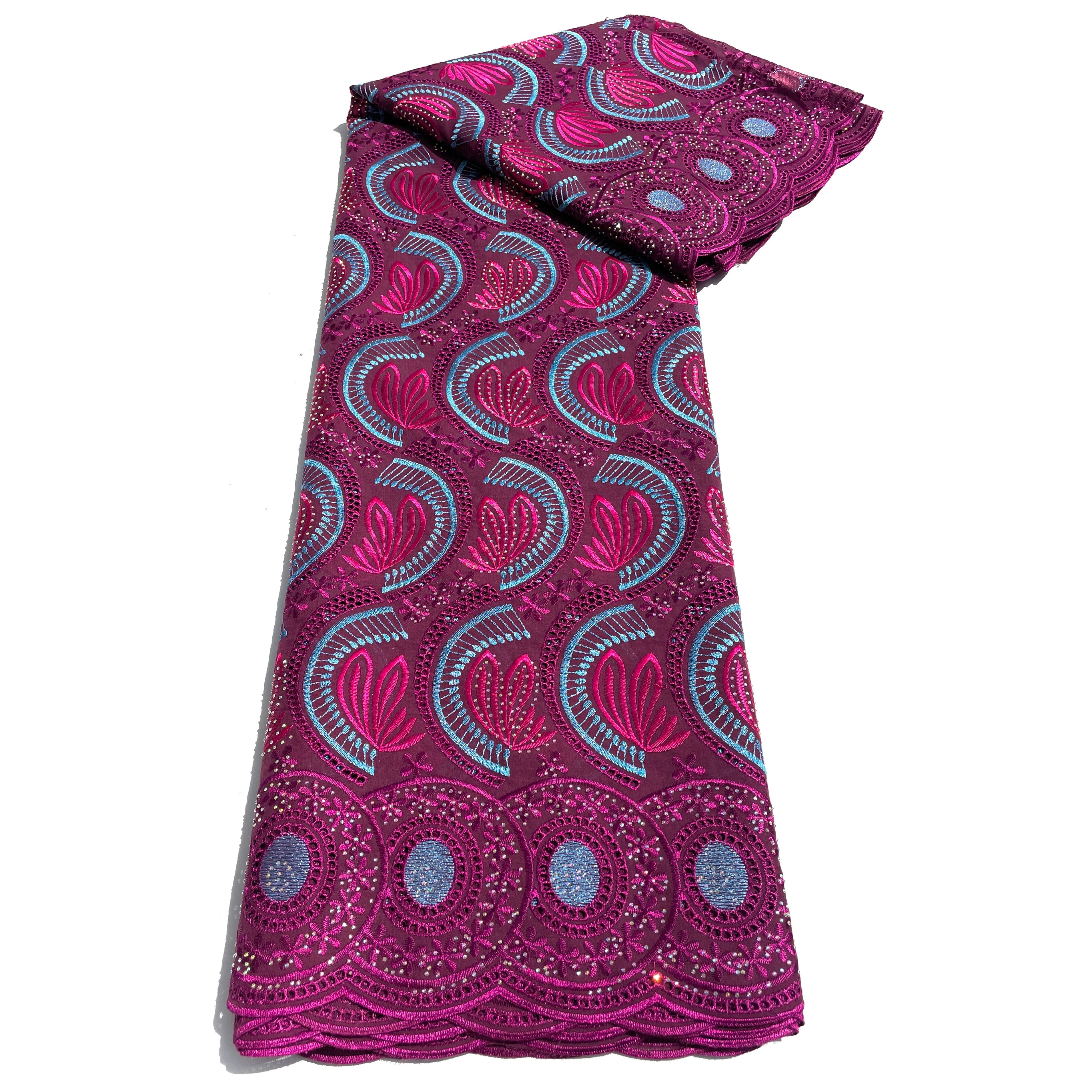 Brodé Broderie type SWISS LACE - Tissu African 5 Yards - VIOLET / BLEU