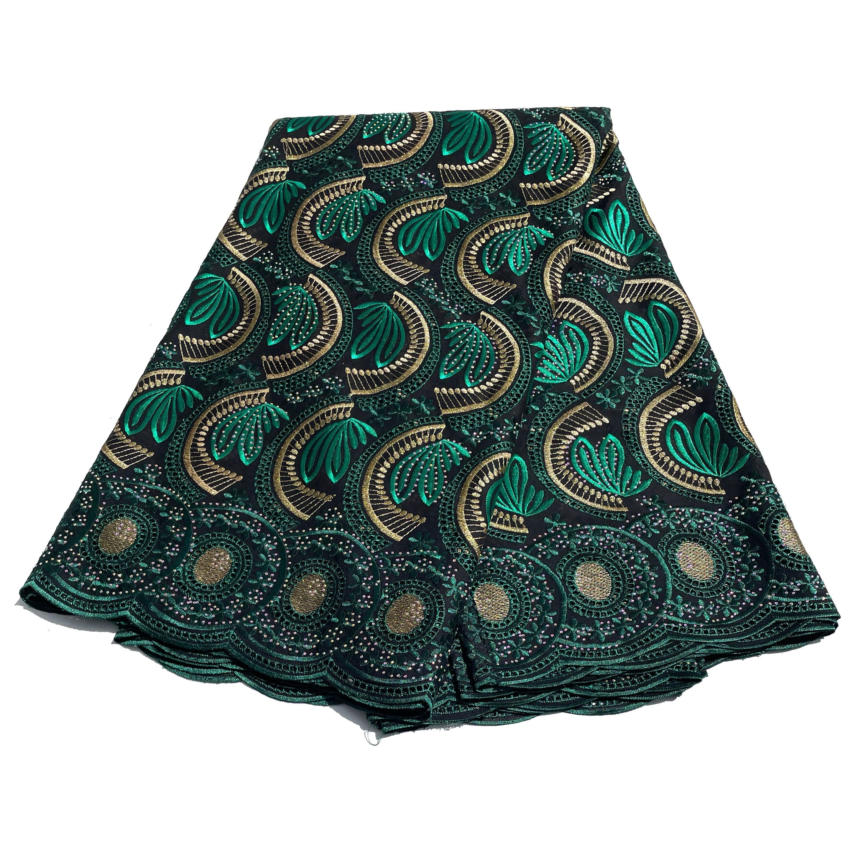 Brodé Broderie type SWISS LACE - Tissu African 5 Yards - VERT / BEIGE