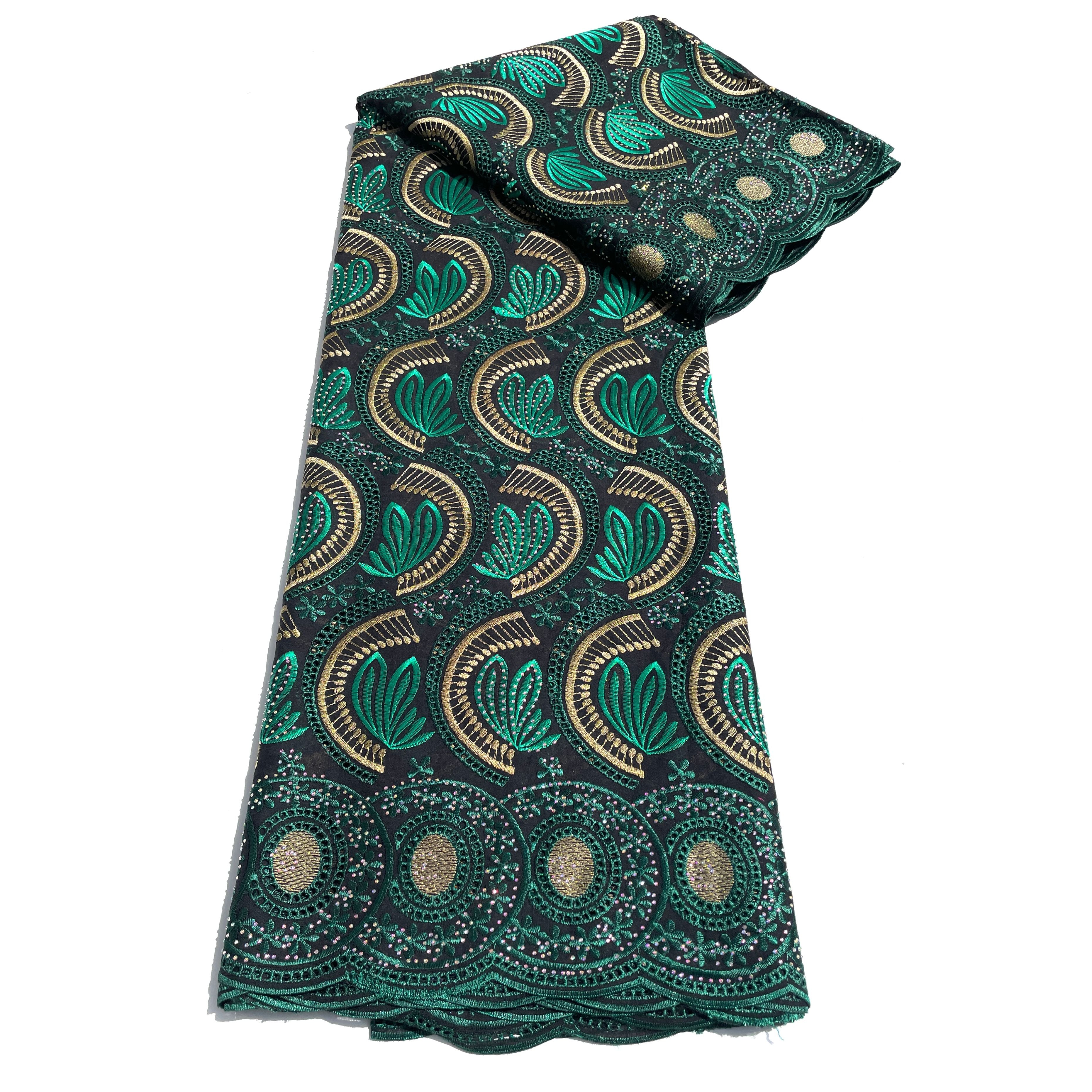 Brodé Broderie type SWISS LACE - Tissu African 5 Yards - VERT / BEIGE