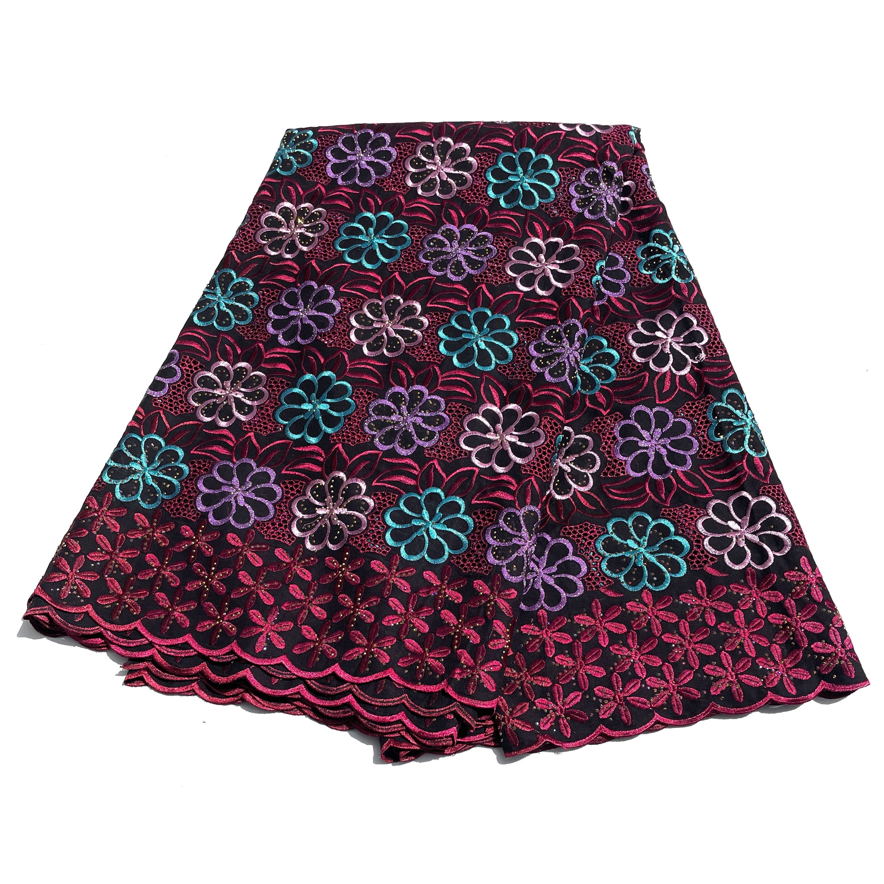 Brodé Broderie type SWISS LACE - Tissu African 5 Yards - NOIR / ROUGE