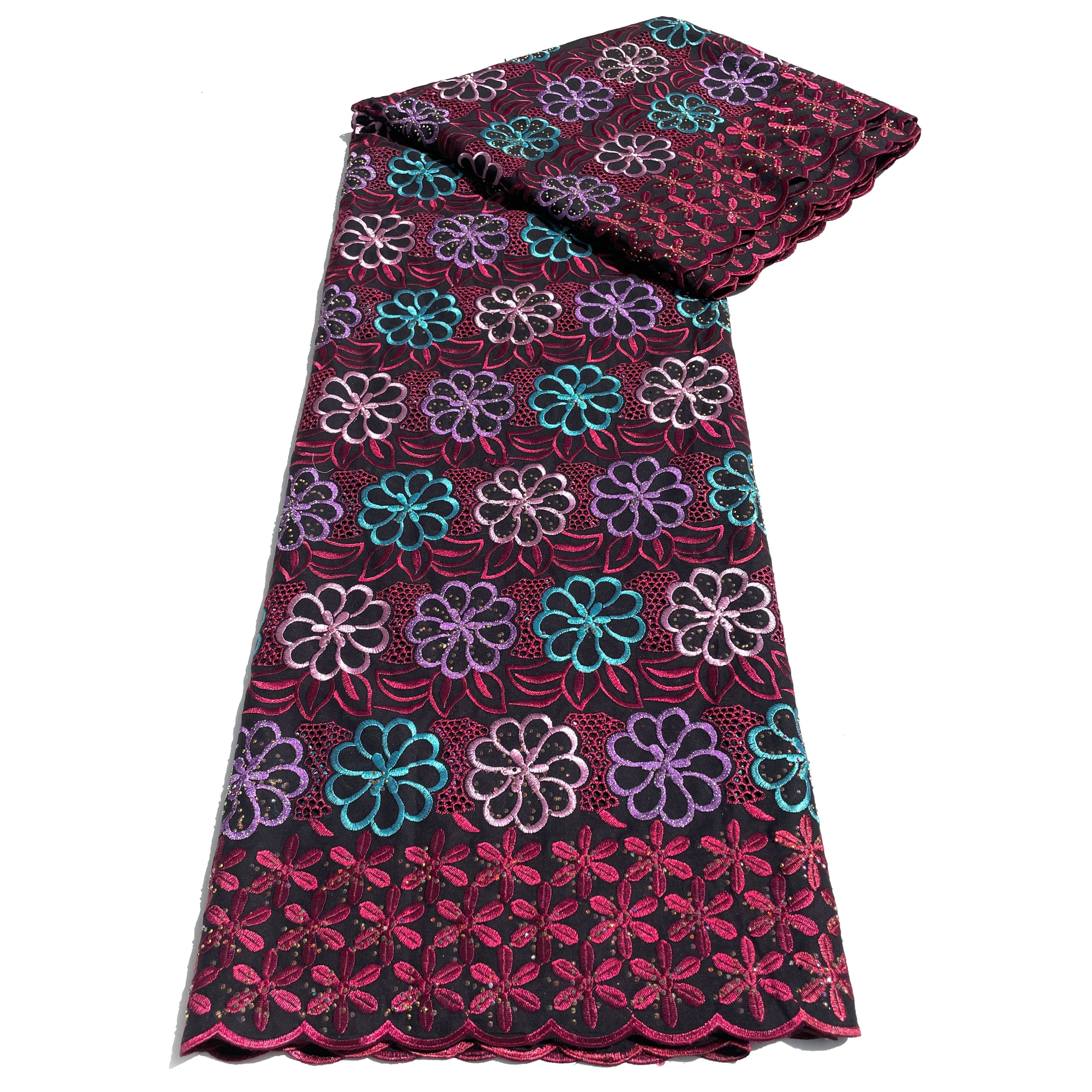 Brodé Broderie type SWISS LACE - Tissu African 5 Yards - NOIR / ROUGE
