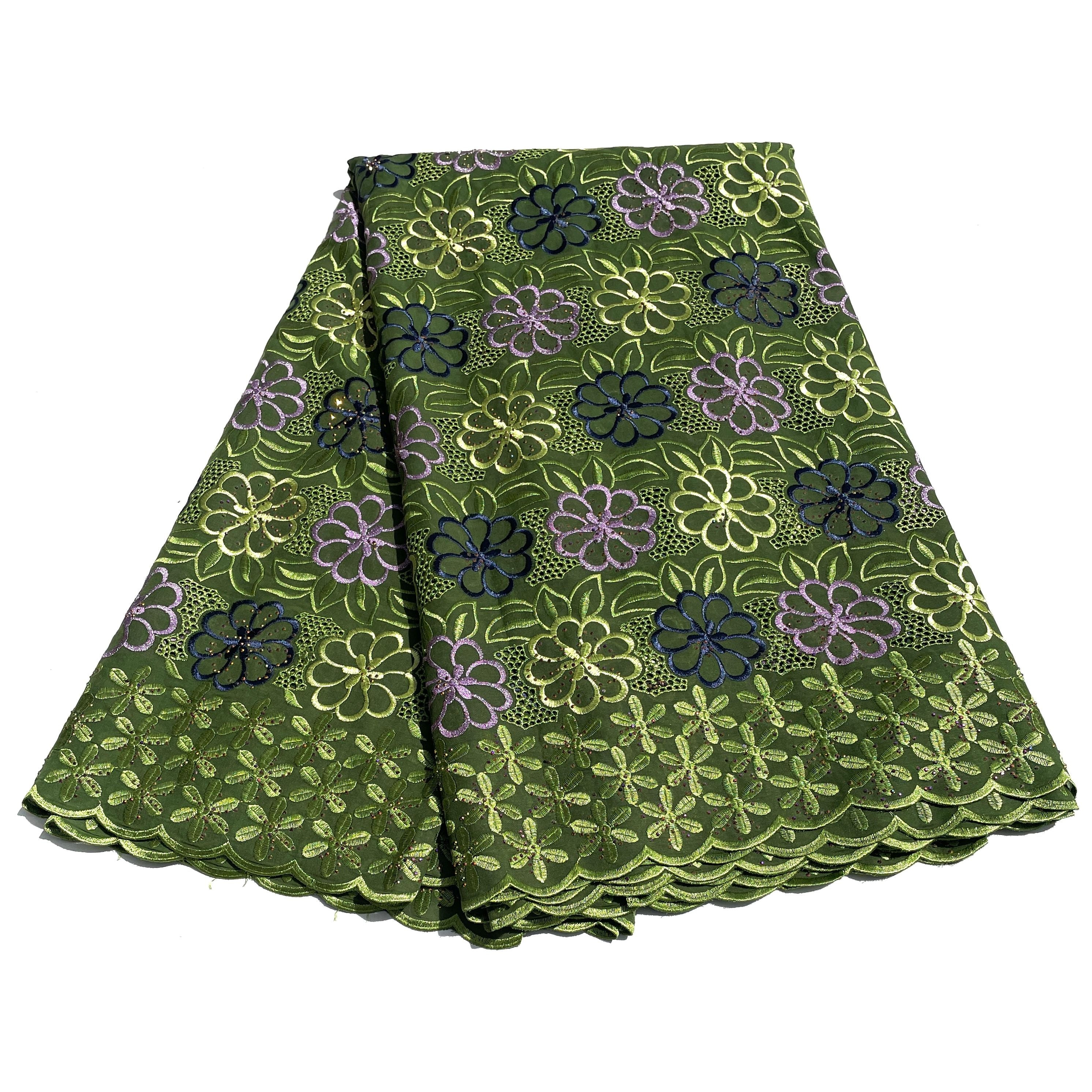Brodé Broderie type SWISS LACE - Tissu African 5 Yards - VERT / BLEU