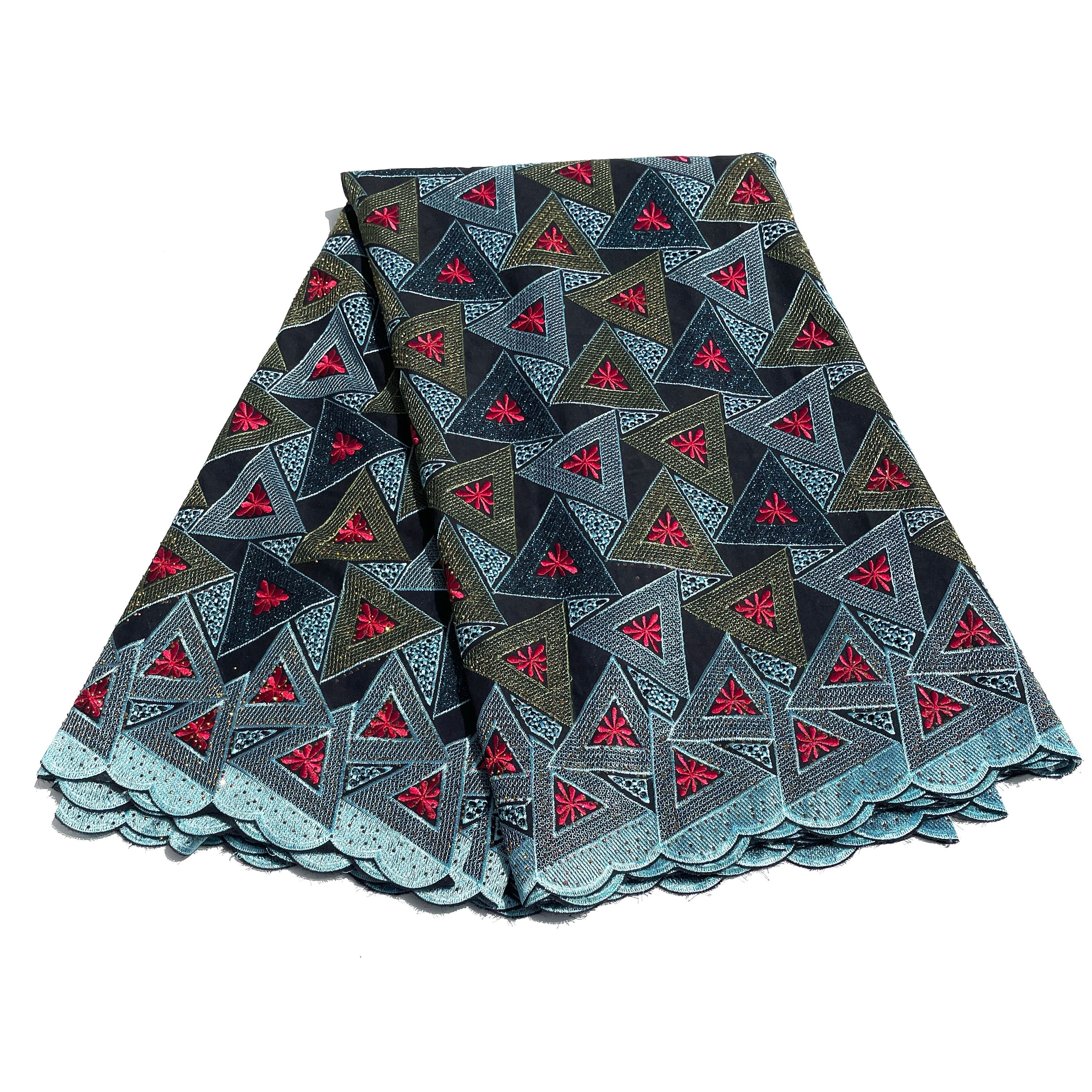 Brodé Broderie type SWISS LACE - Tissu African 5 Yards - NOIR / BLEU / ROUGE