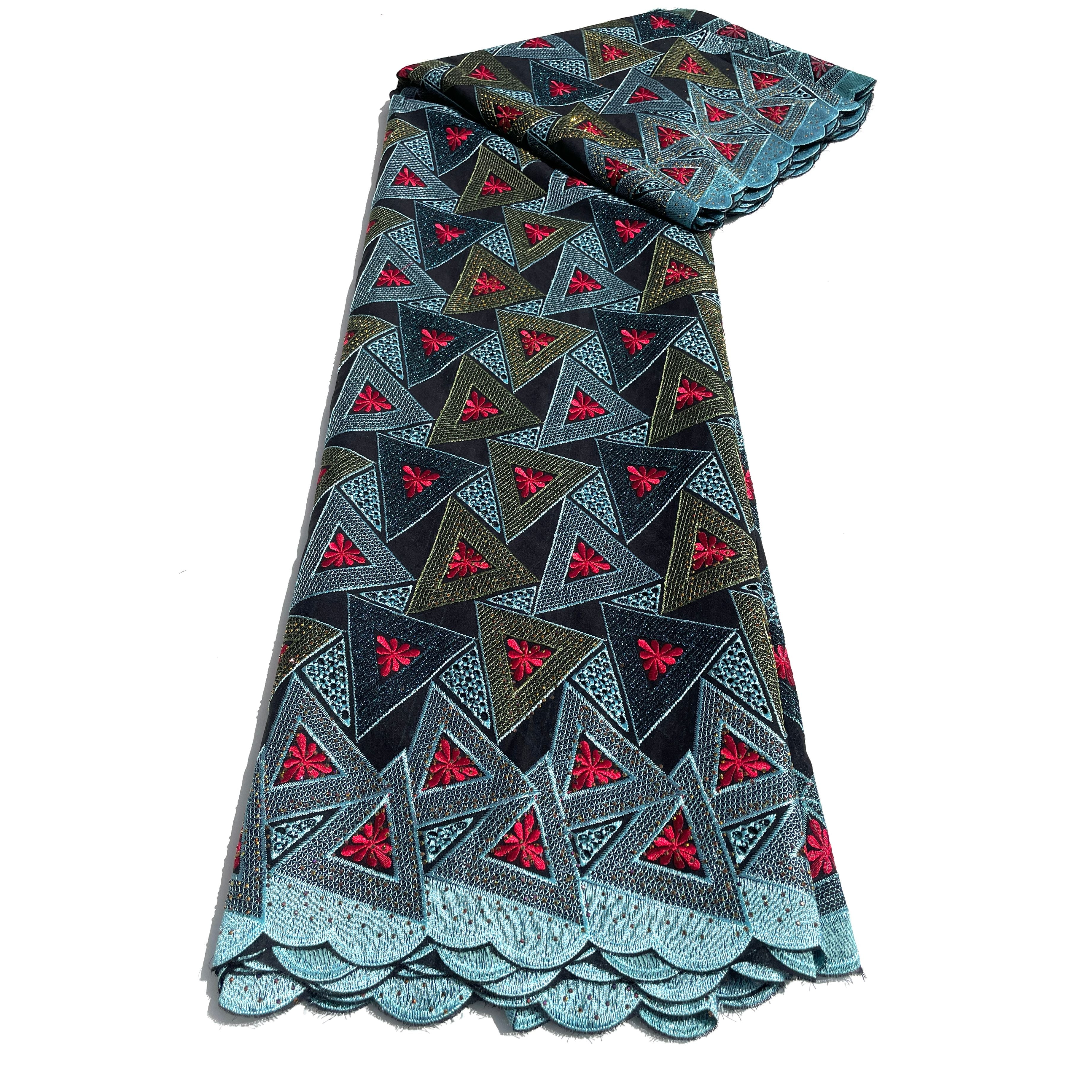Brodé Broderie type SWISS LACE - Tissu African 5 Yards - NOIR / BLEU / ROUGE