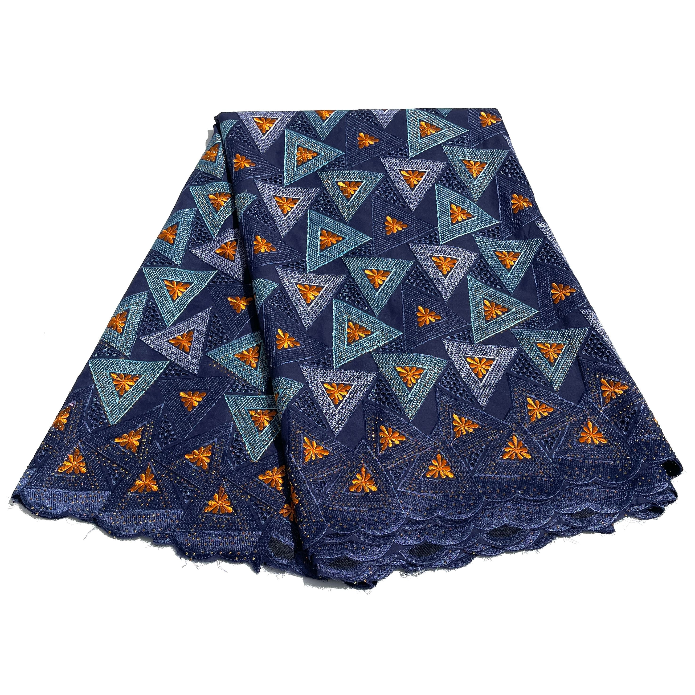 Brodé Broderie type SWISS LACE - Tissu African 5 Yards - BLEU / ORANGE