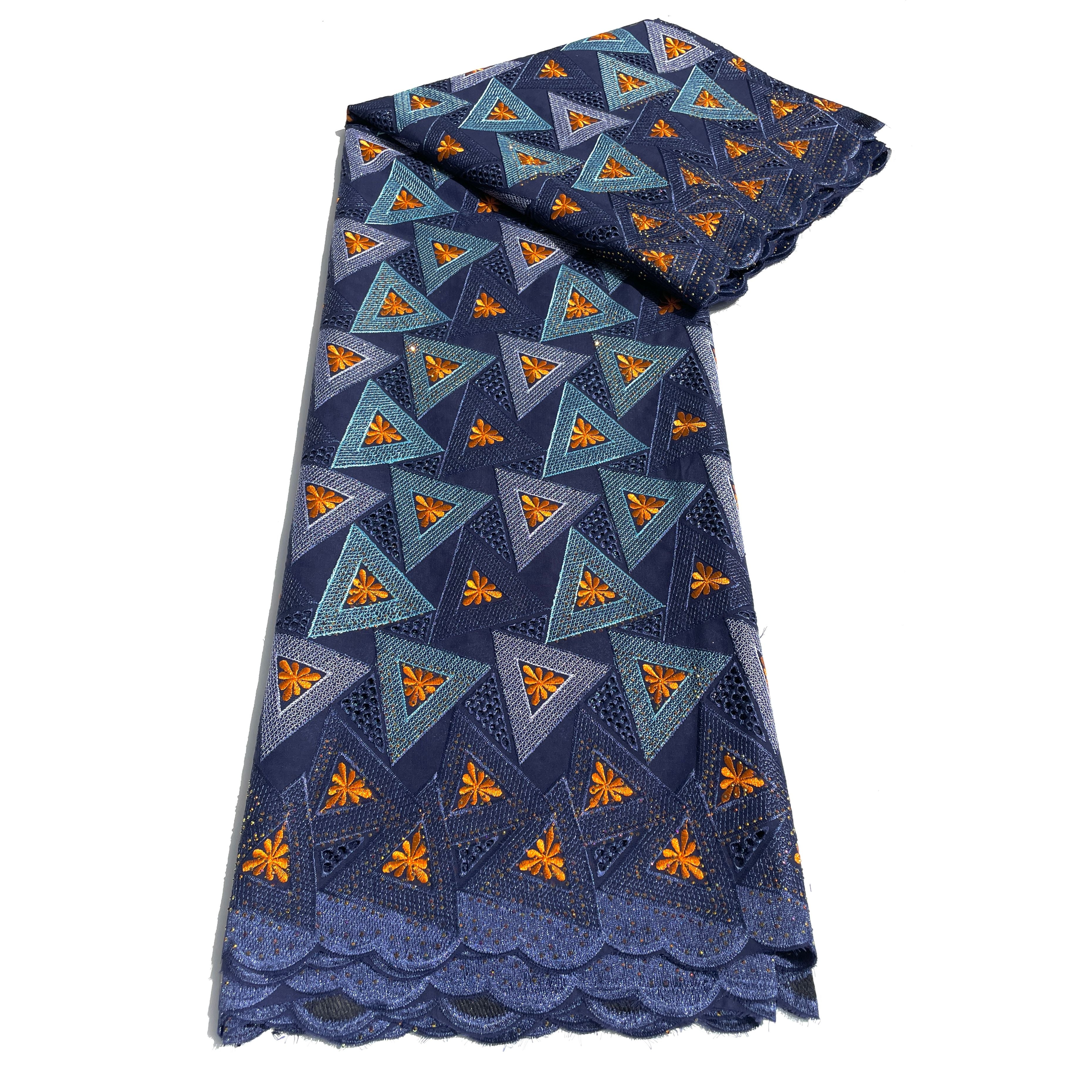 Brodé Broderie type SWISS LACE - Tissu African 5 Yards - BLEU / ORANGE