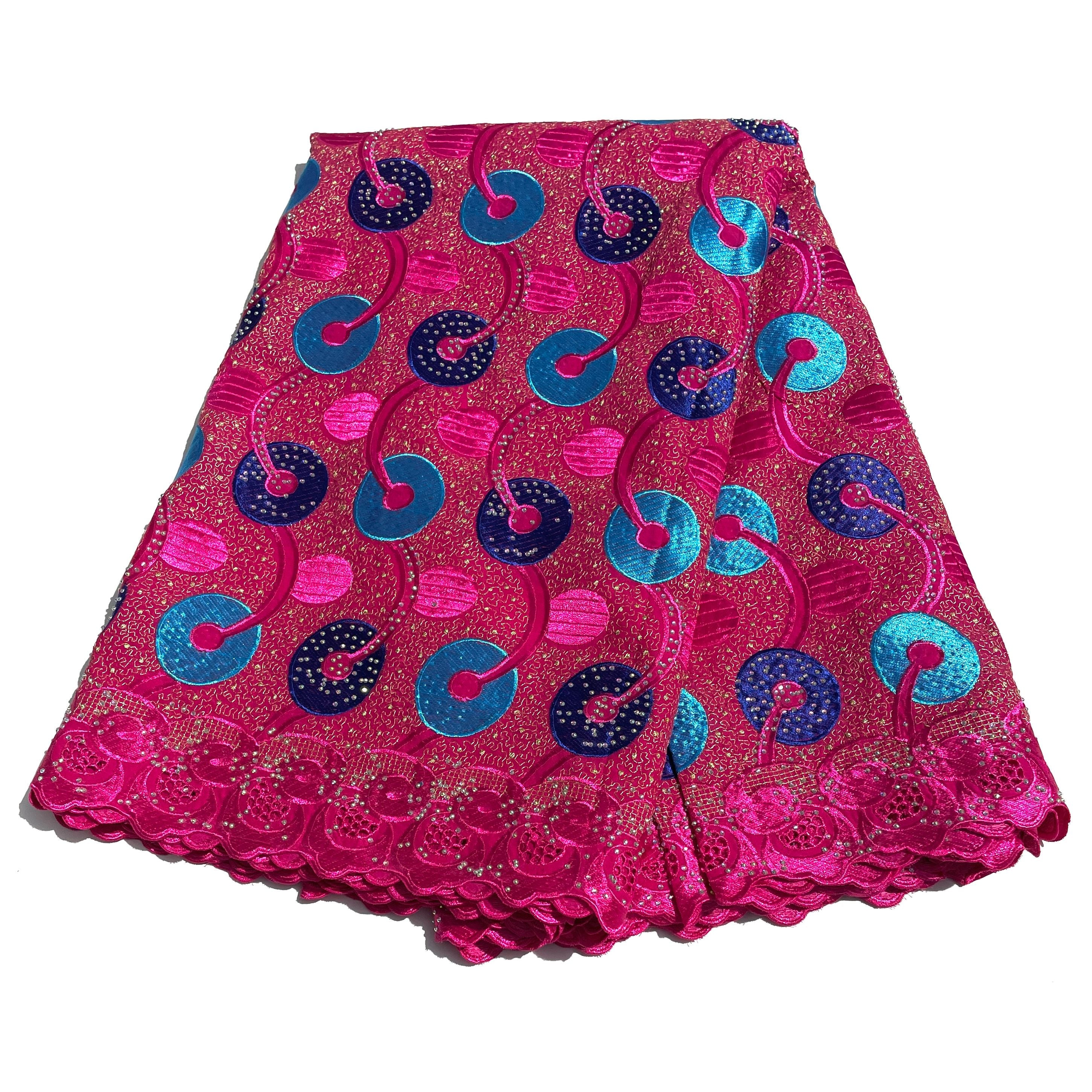 Brodé Broderie type SWISS LACE - Tissu African 5 Yards - ROSE FUCHSIA / BLEU