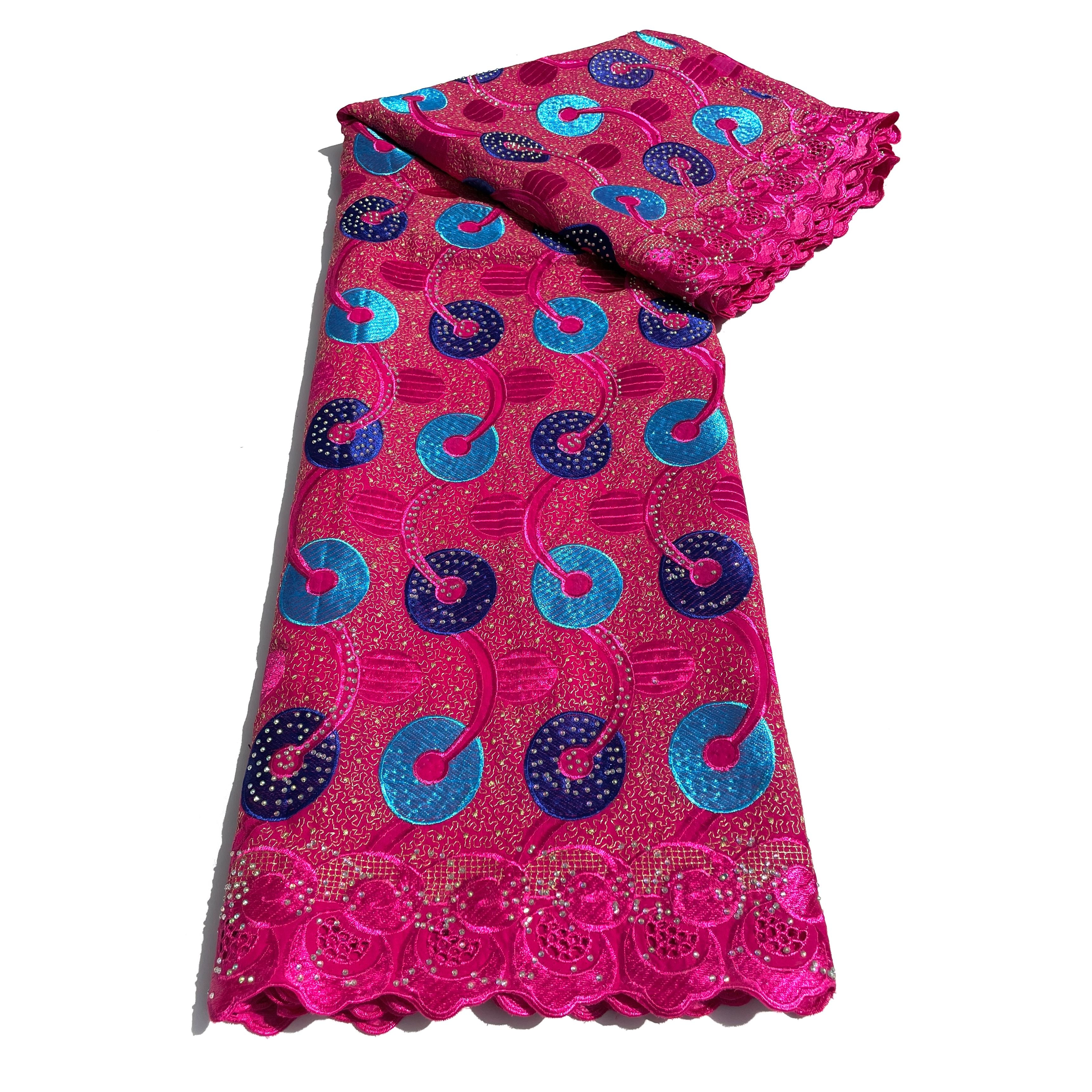 Brodé Broderie type SWISS LACE - Tissu African 5 Yards - ROSE FUCHSIA / BLEU