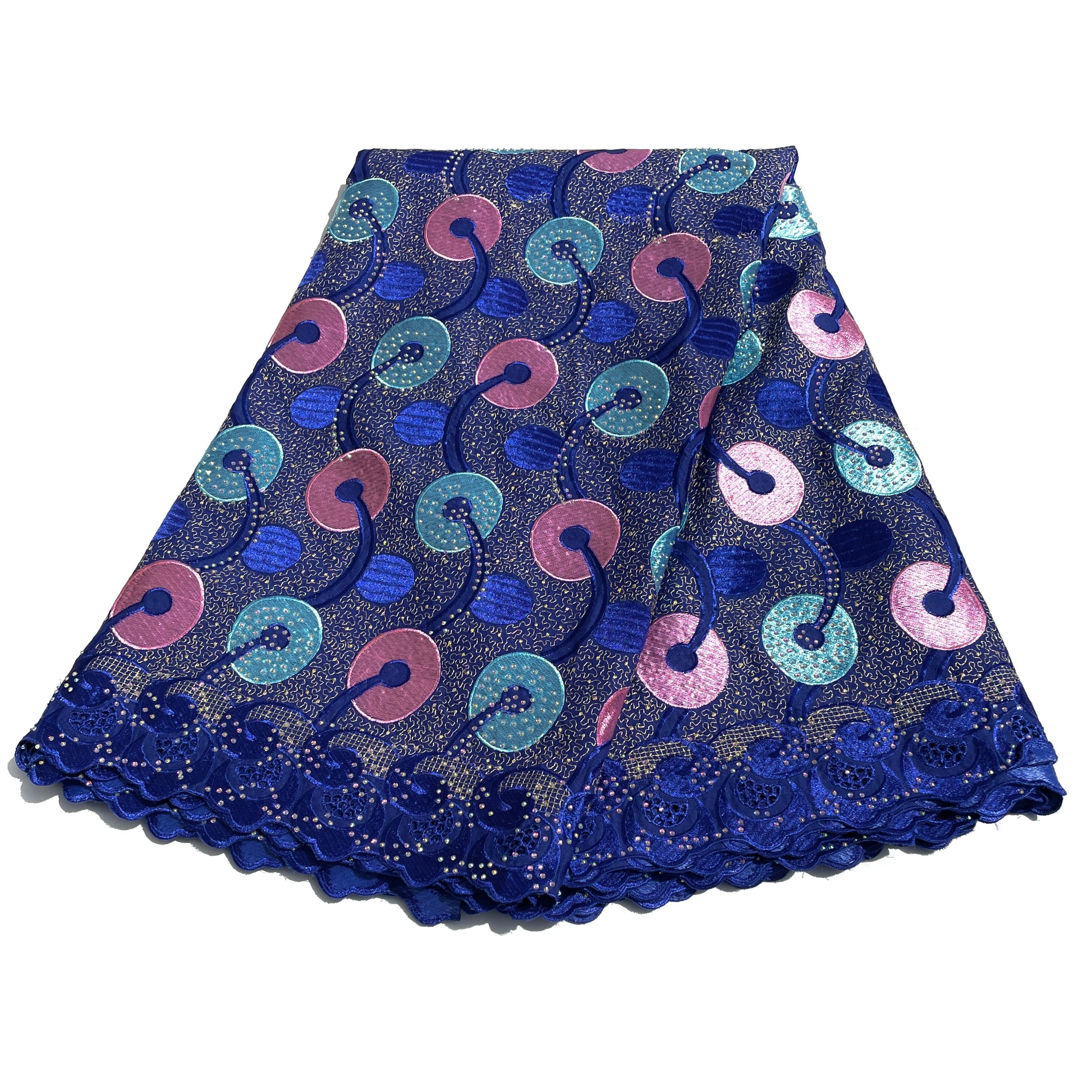 Brodé Broderie type SWISS LACE - Tissu African 5 Yards - BLEU / ROSE CLAIR
