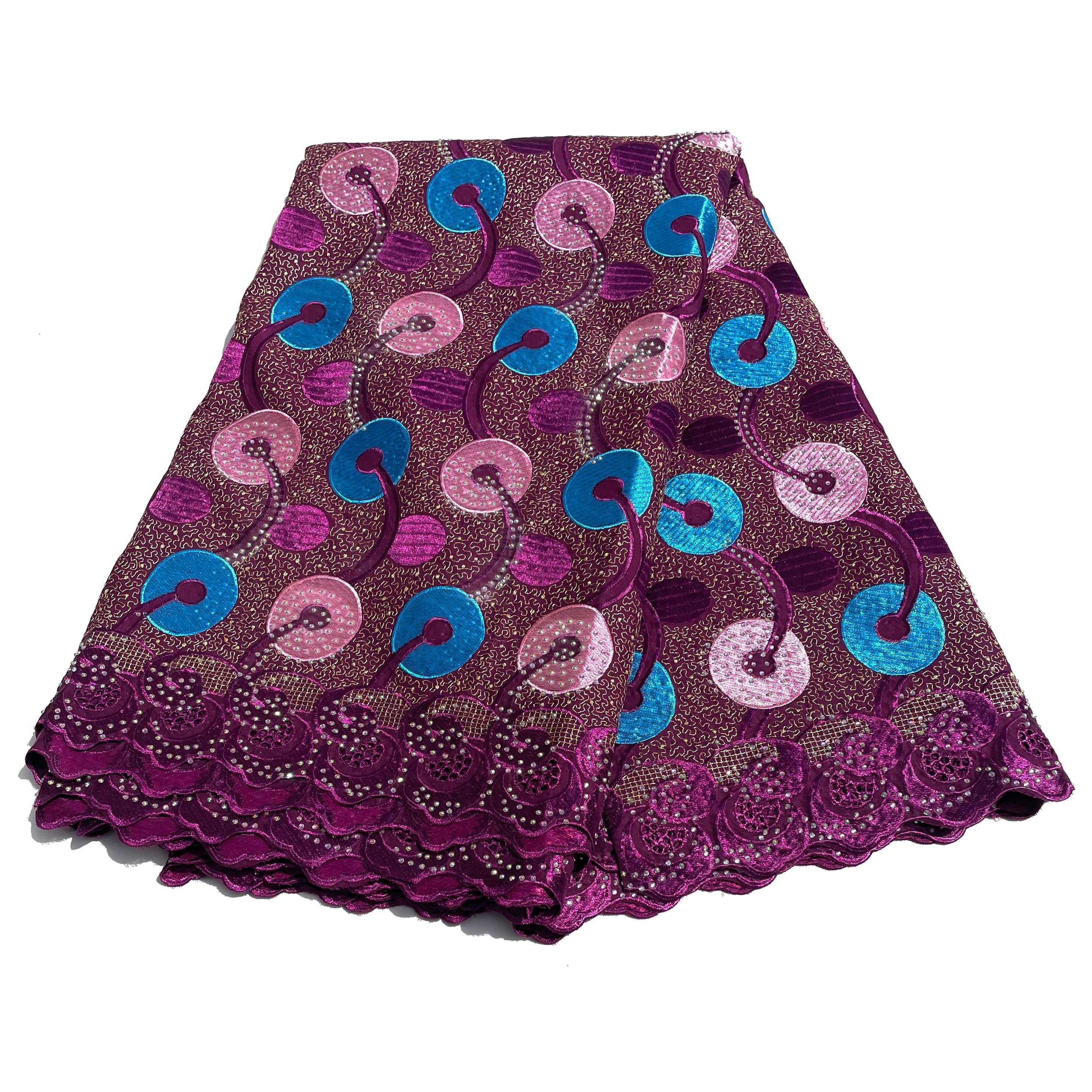 Brodé Broderie type SWISS LACE - Tissu African 5 Yards - VIOLET / ROSE / BLEU