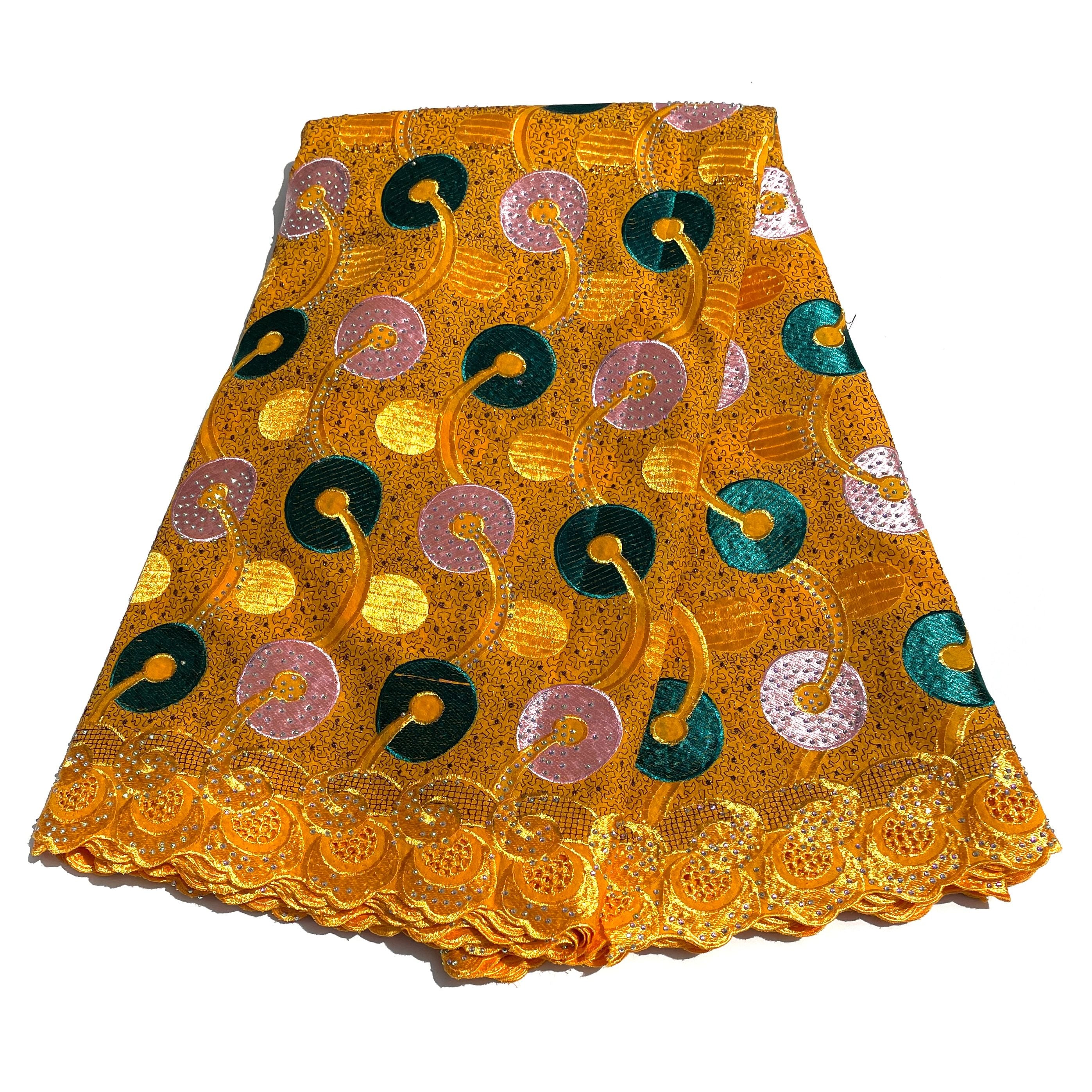 Brodé Broderie type SWISS LACE - Tissu African 5 Yards - ORANGE / VERT / ROSE