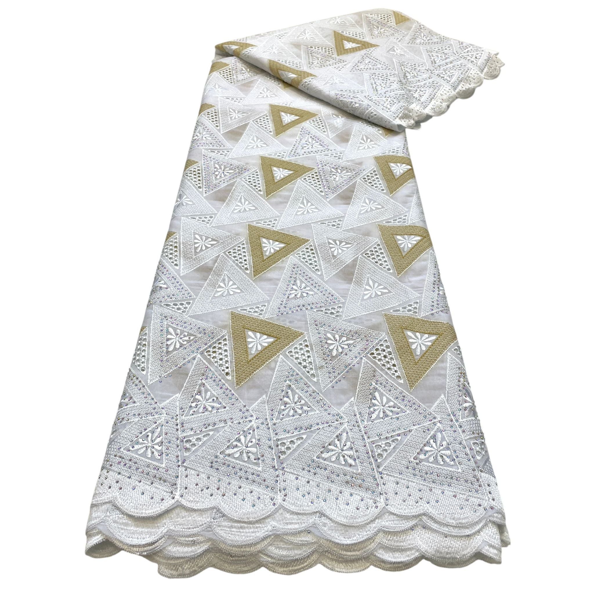 Brodé Broderie type SWISS LACE - Tissu African 5 Yards - BLANC / BEIGE