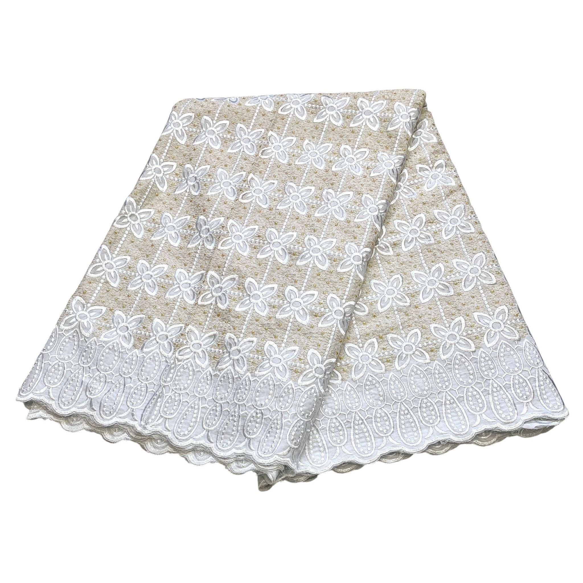 Brodé Broderie type SWISS LACE - Tissu African 5 Yards - BLANC / BEIGE