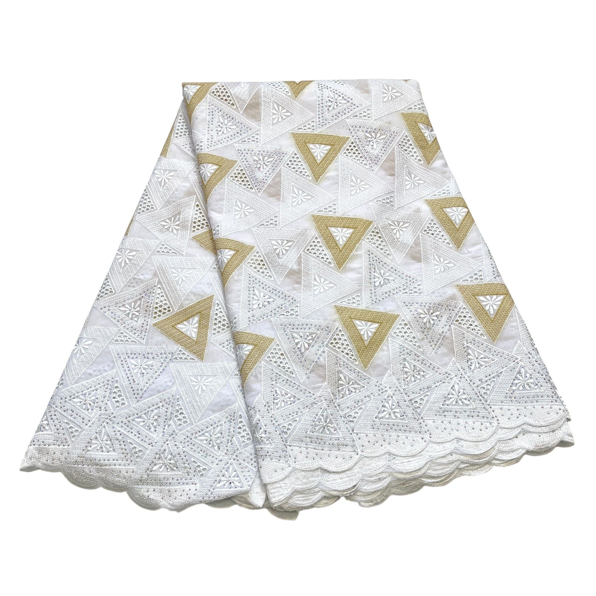 Brodé Broderie type SWISS LACE - Tissu African 5 Yards - BLANC / BEIGE