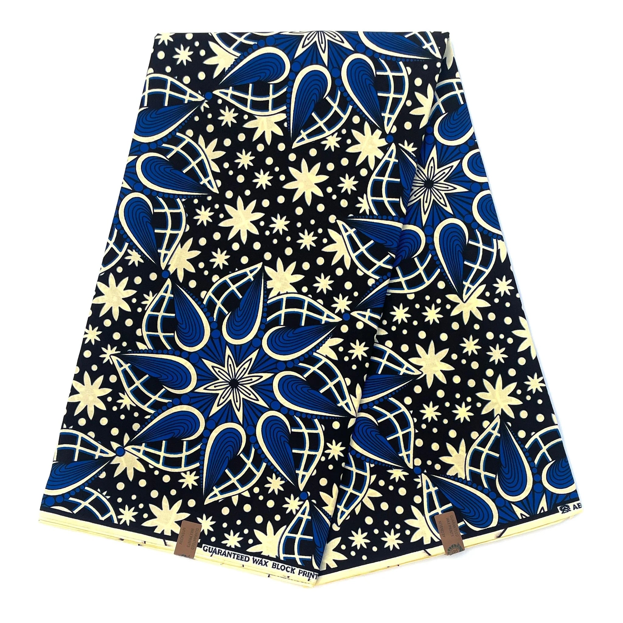 Wax Tissu Pagne Africain - Coupon 2 Yards 100% Coton - BLEU / BEIGE CLAIR