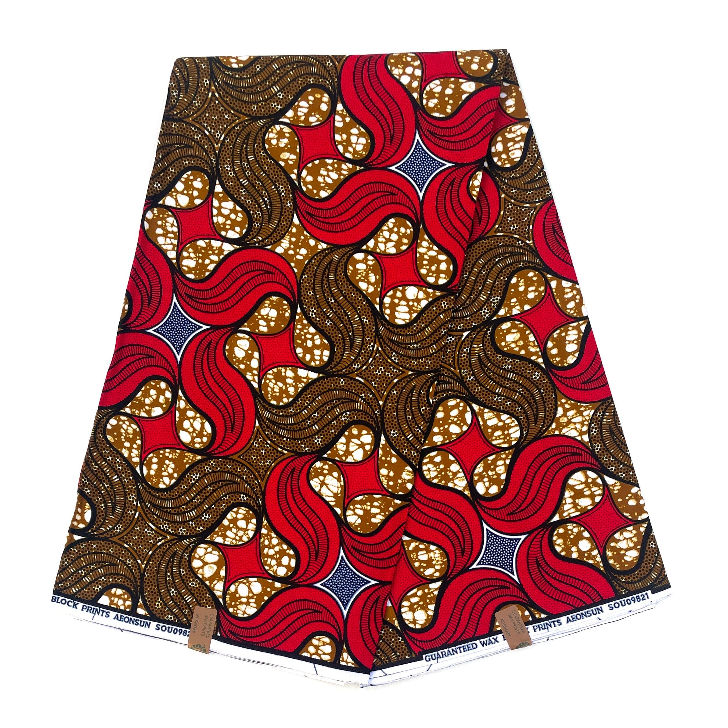 Wax Pagne Africain - Tissu 6 Yards 100% Coton - ROUGE / MARRON