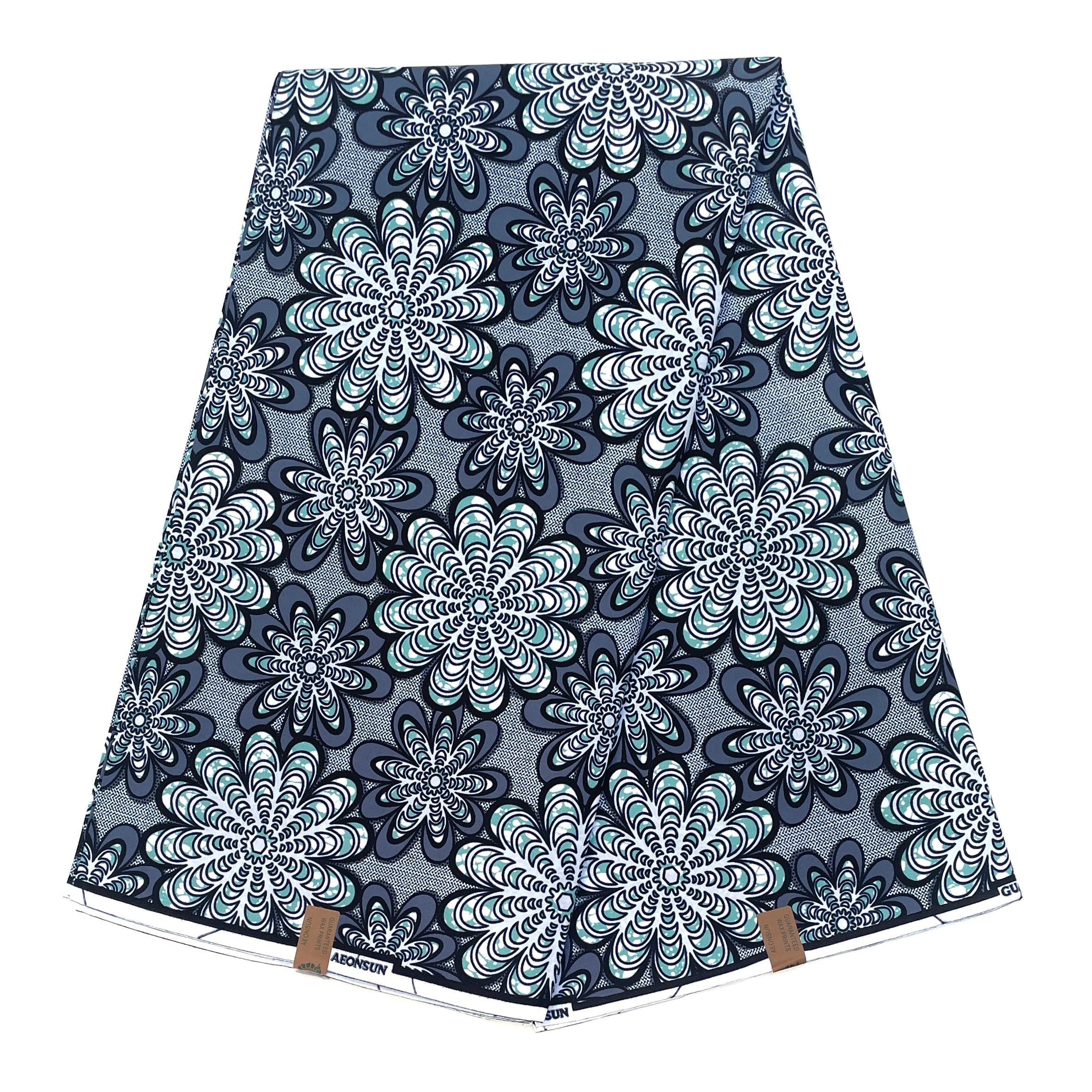 Wax Pagne Africain - Tissu 6 Yards 100% Coton - BLEU / GRIS