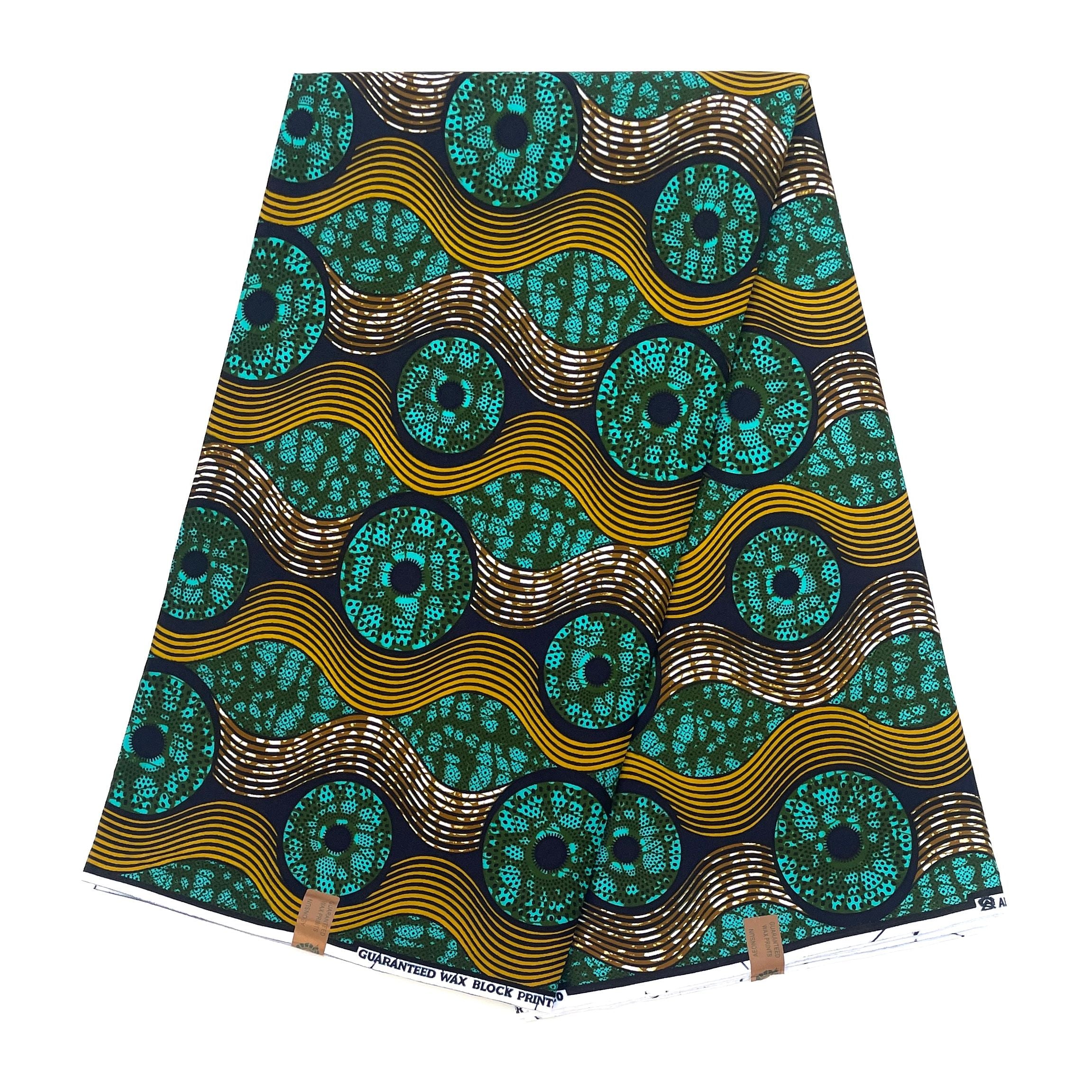 Wax Pagne Africain - Tissu 6 Yards 100% Coton - TURQUOISE / KAKI