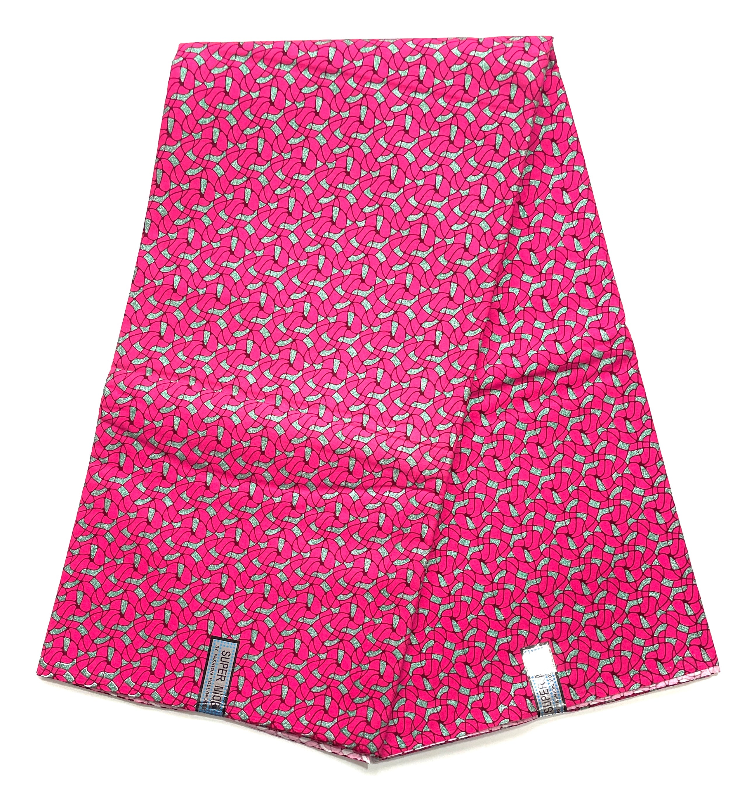 Tissu Wax Pagne Africain - 6 Yards 100% Coton - Pailleté et Brillant - ROSE / VERT / ARGENTÉ