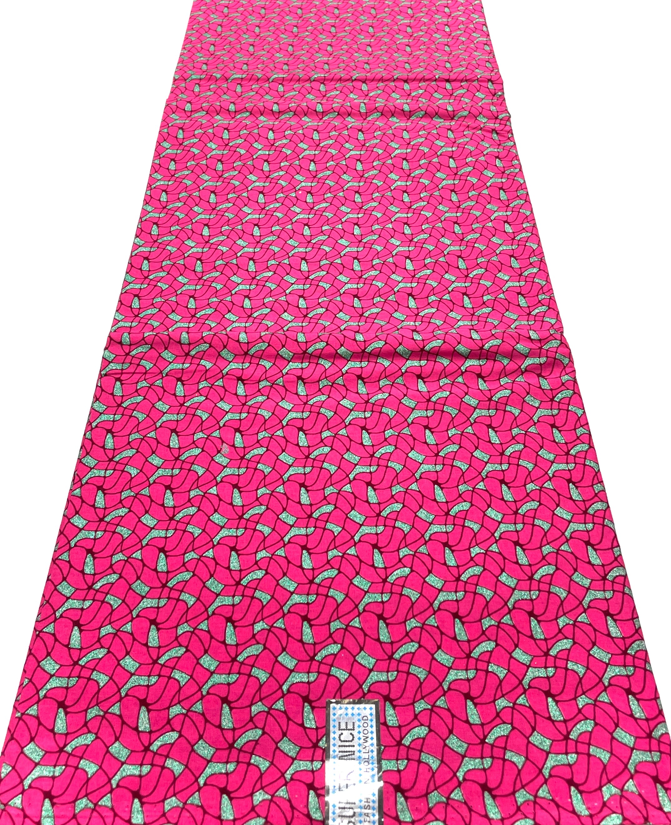 Tissu Wax Pagne Africain - 6 Yards 100% Coton - Pailleté et Brillant - ROSE / VERT / ARGENTÉ