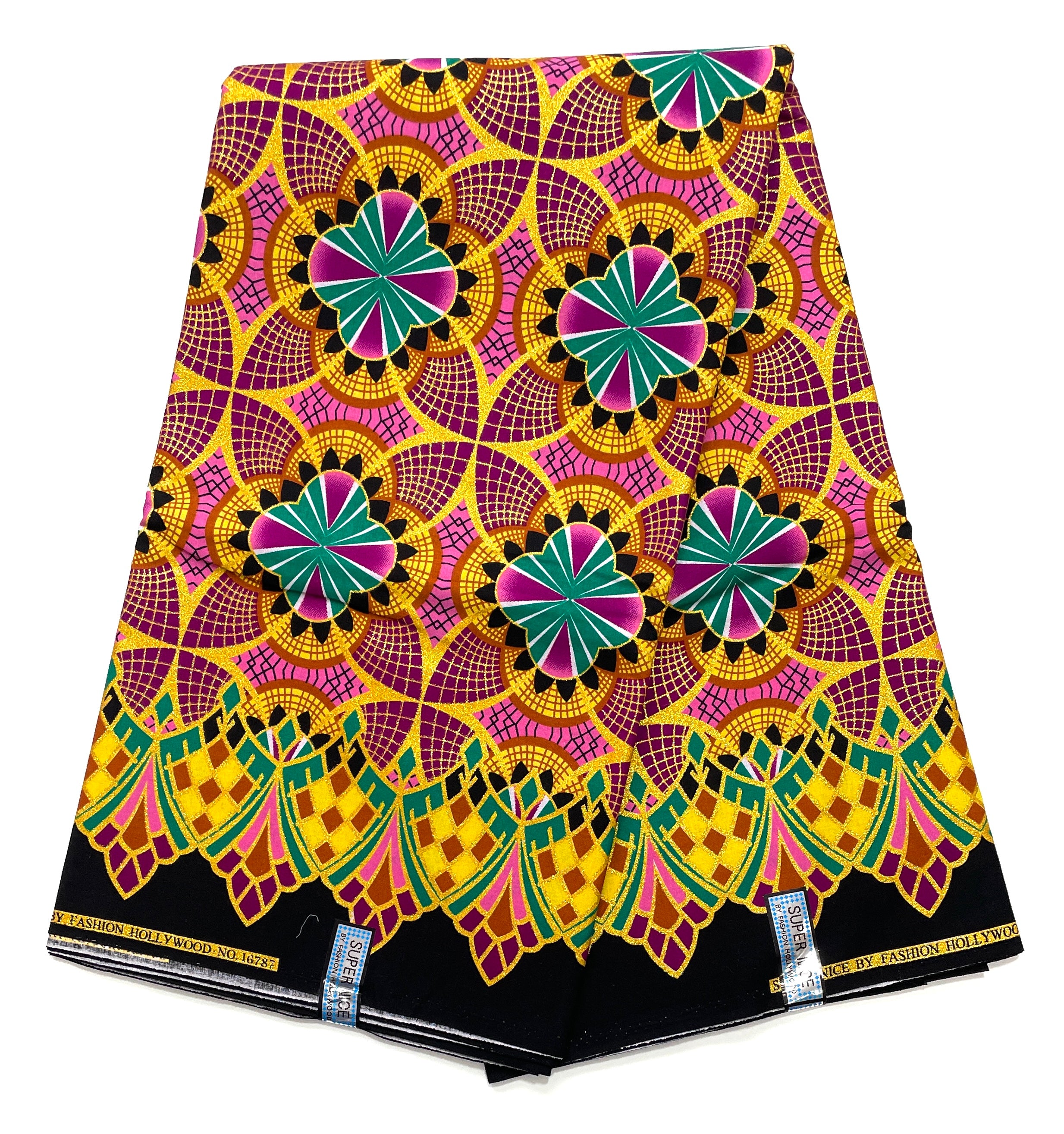 Tissu Wax Pagne Africain - 6 Yards 100% Coton - Pailleté et Brillant - ROSE / VIOLET / DORÉ
