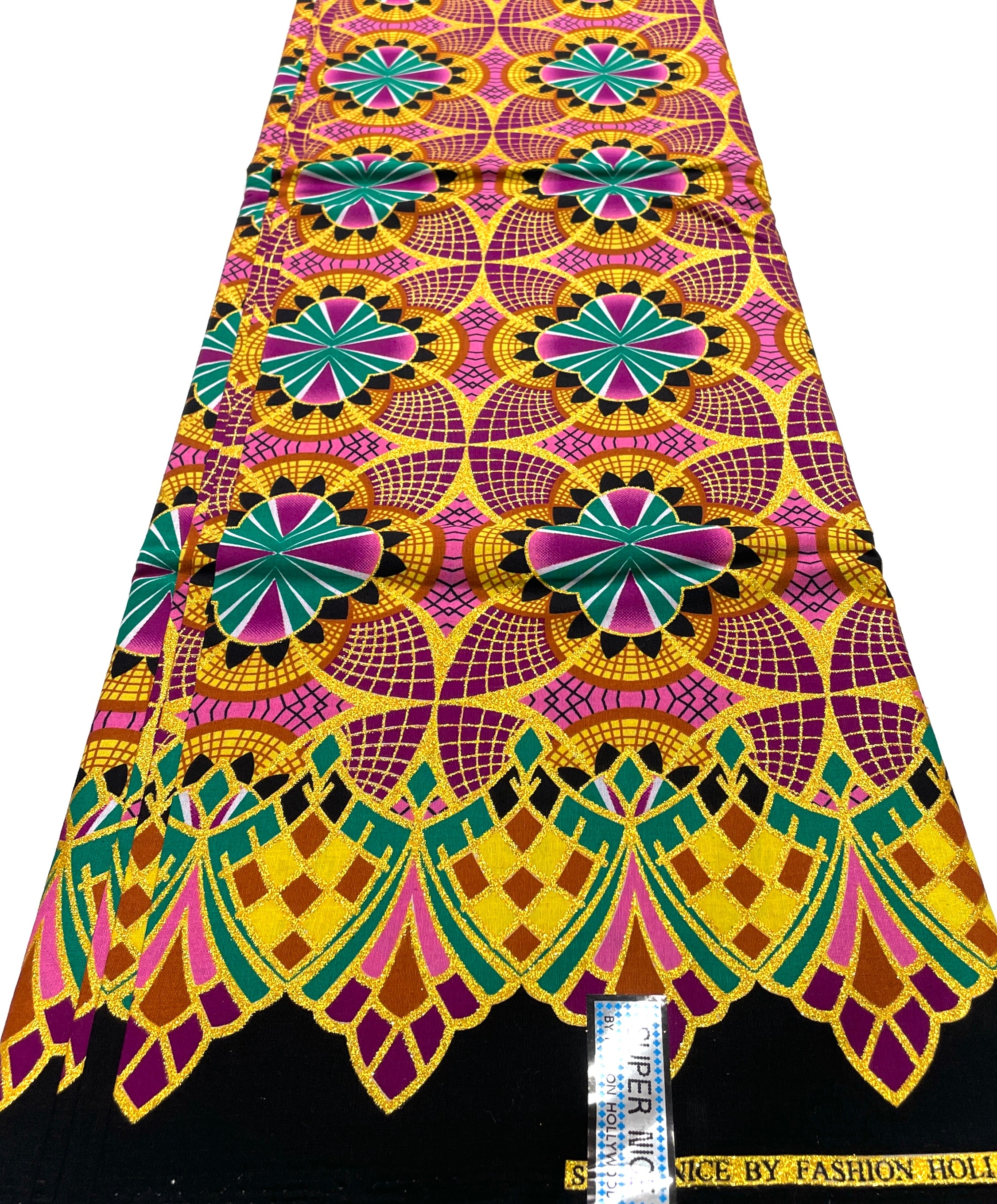 Tissu Wax Pagne Africain - 6 Yards 100% Coton - Pailleté et Brillant - ROSE / VIOLET / DORÉ