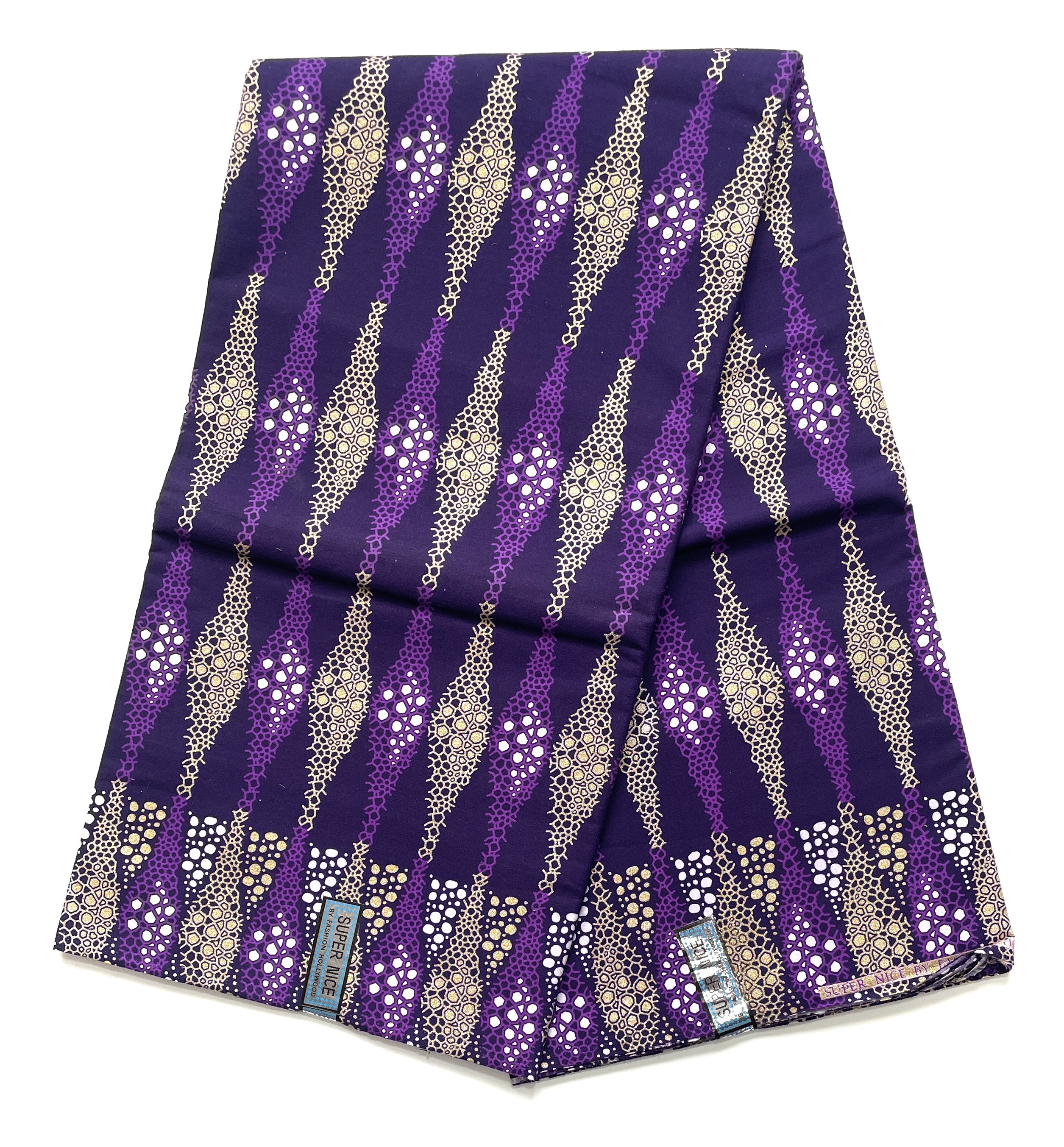 Tissu Wax Pagne Africain - 6 Yards 100% Coton - Pailleté et Brillant - VIOLET / DORÉ