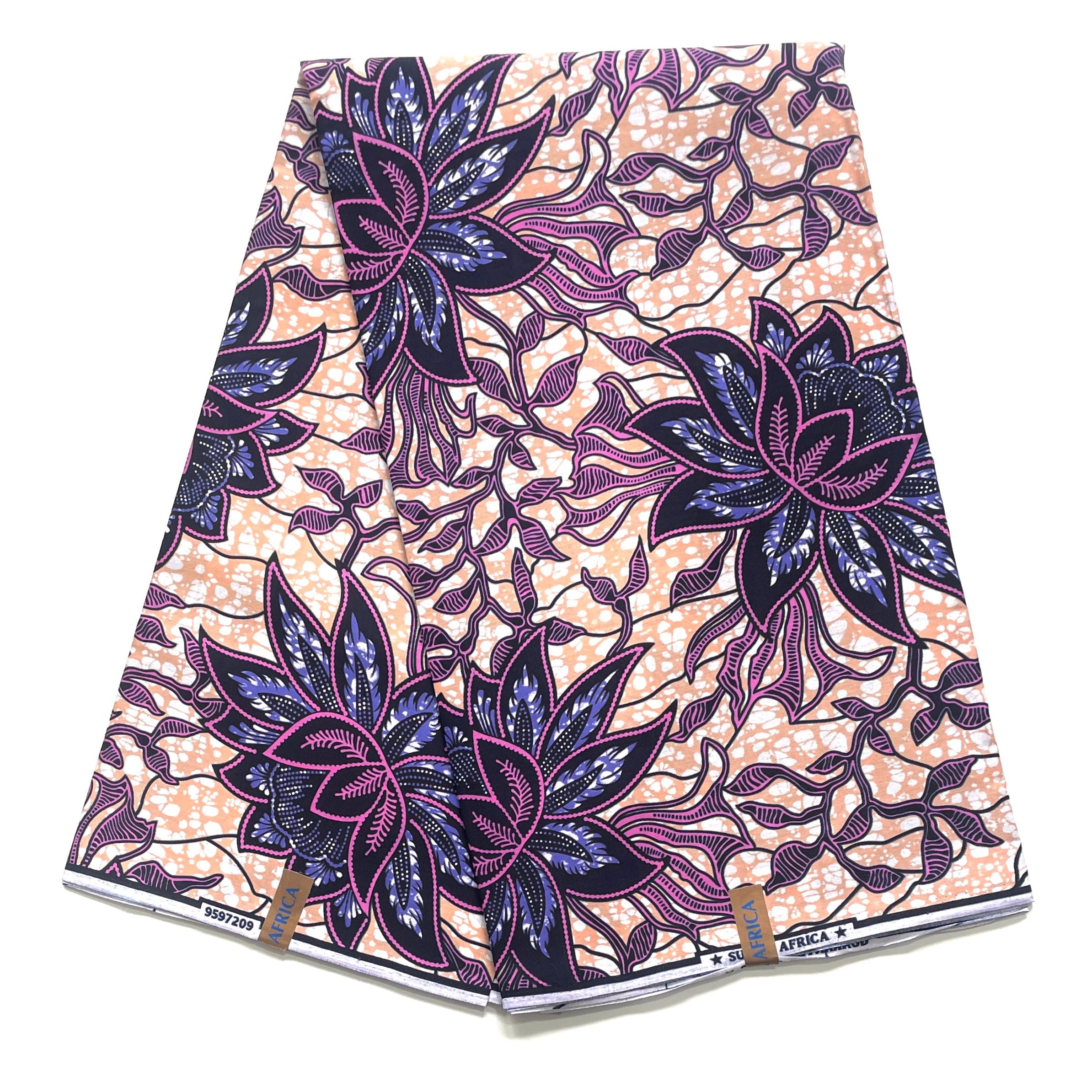 Wax Tissu Coupon 2 Yards - Pagne Africain 100% Coton - Jardin Enchanté ROSE / VIOLET / BEIGE