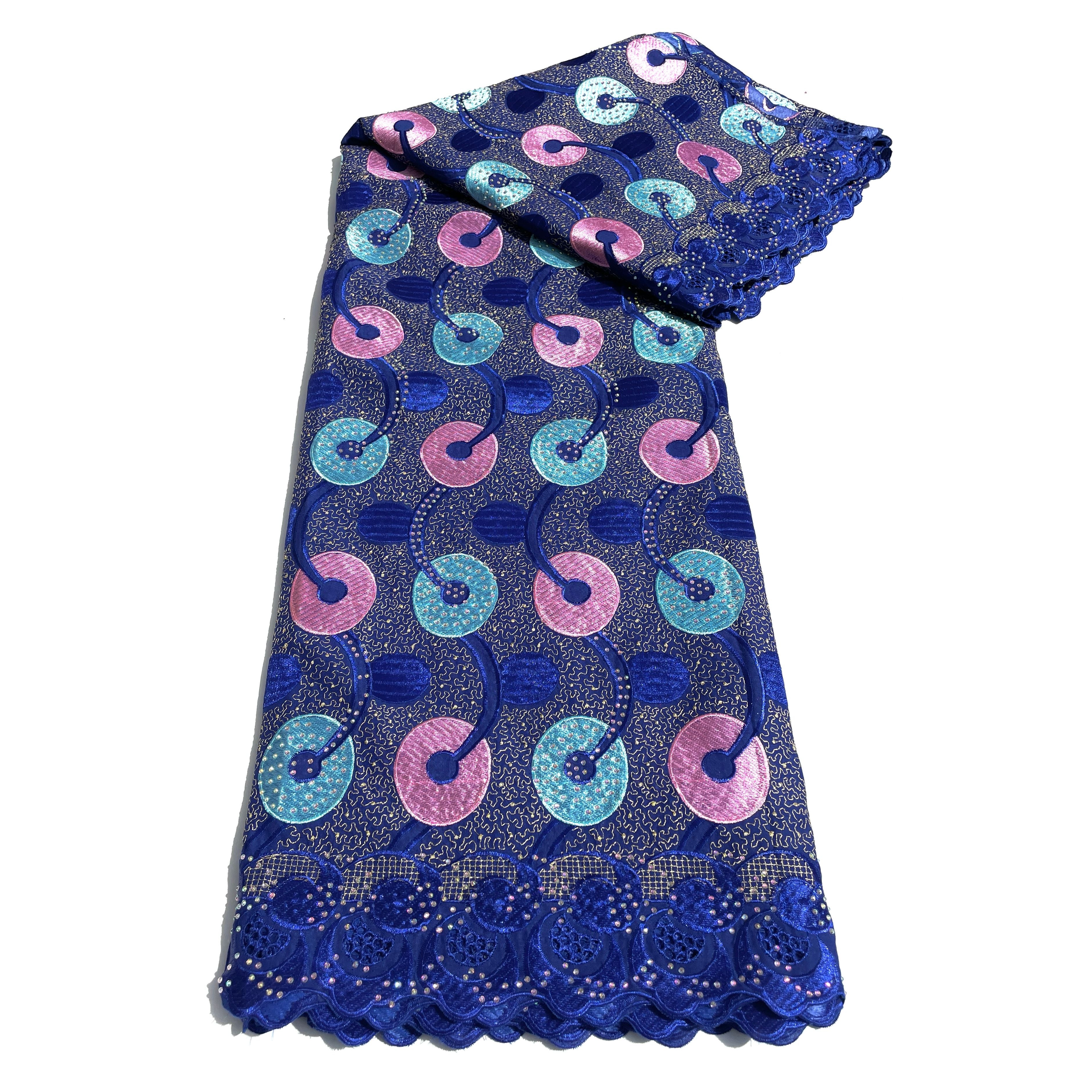 Tissu Brodé Swiss Lace Bleu & Rose Clair - 100% Coton 5Y
