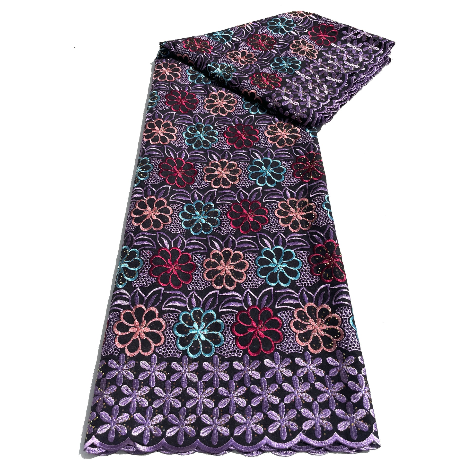 Tissu Brodé Swiss Lace Noir & Mauve - 100% Coton 5Y
