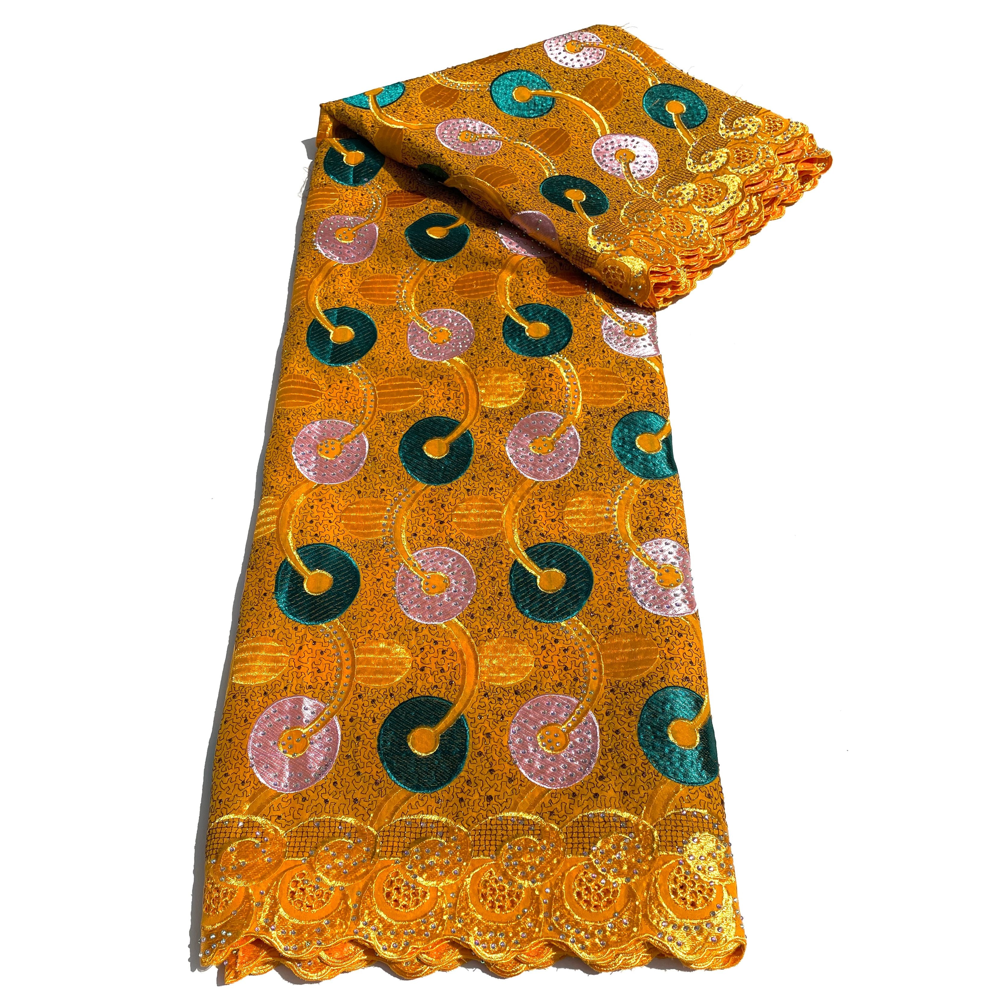 Tissu Brodé Swiss Lace Orange Vert Rose - 100% Coton 5Y