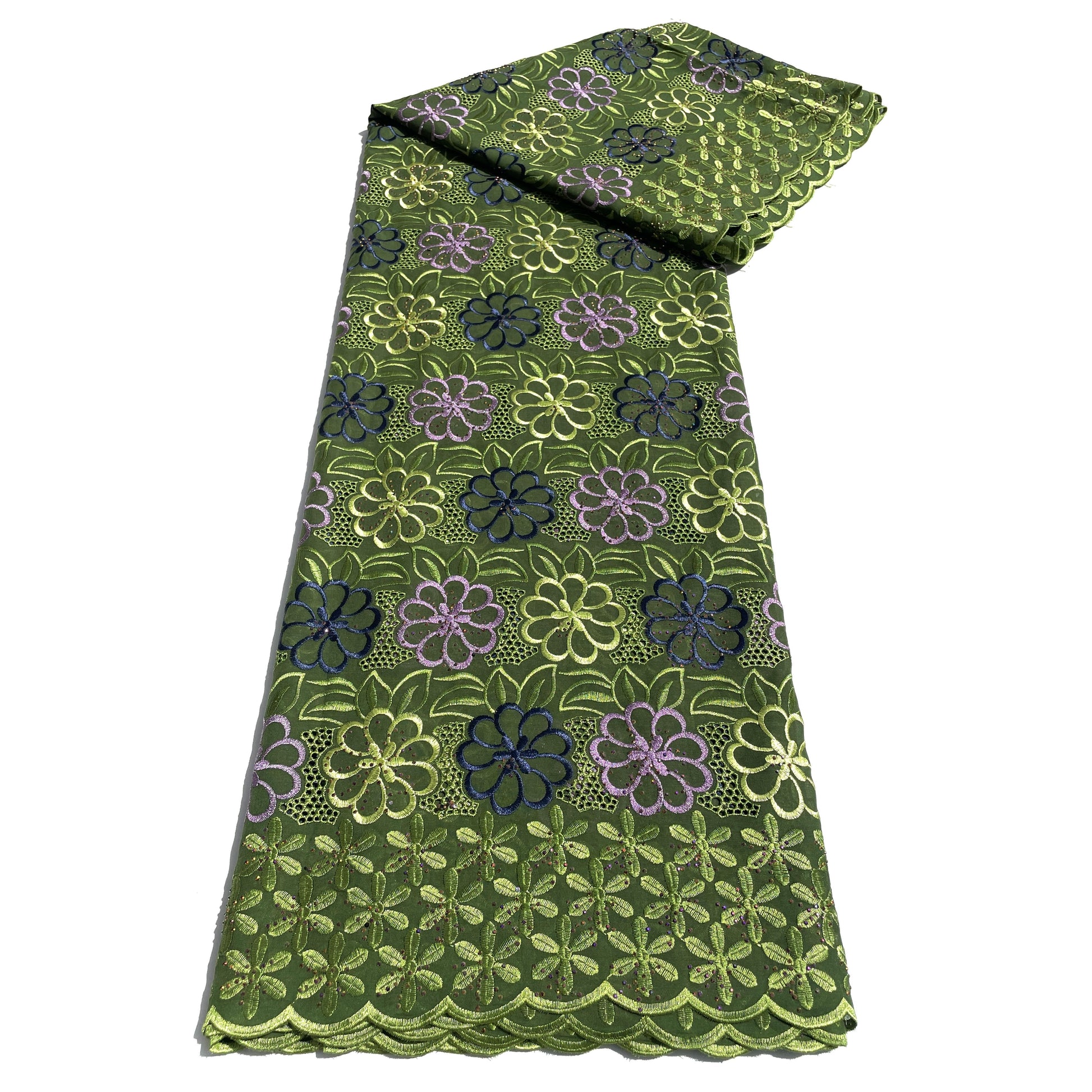 Tissu Brodé Swiss Lace Vert & Bleu - 100% Coton 5Y