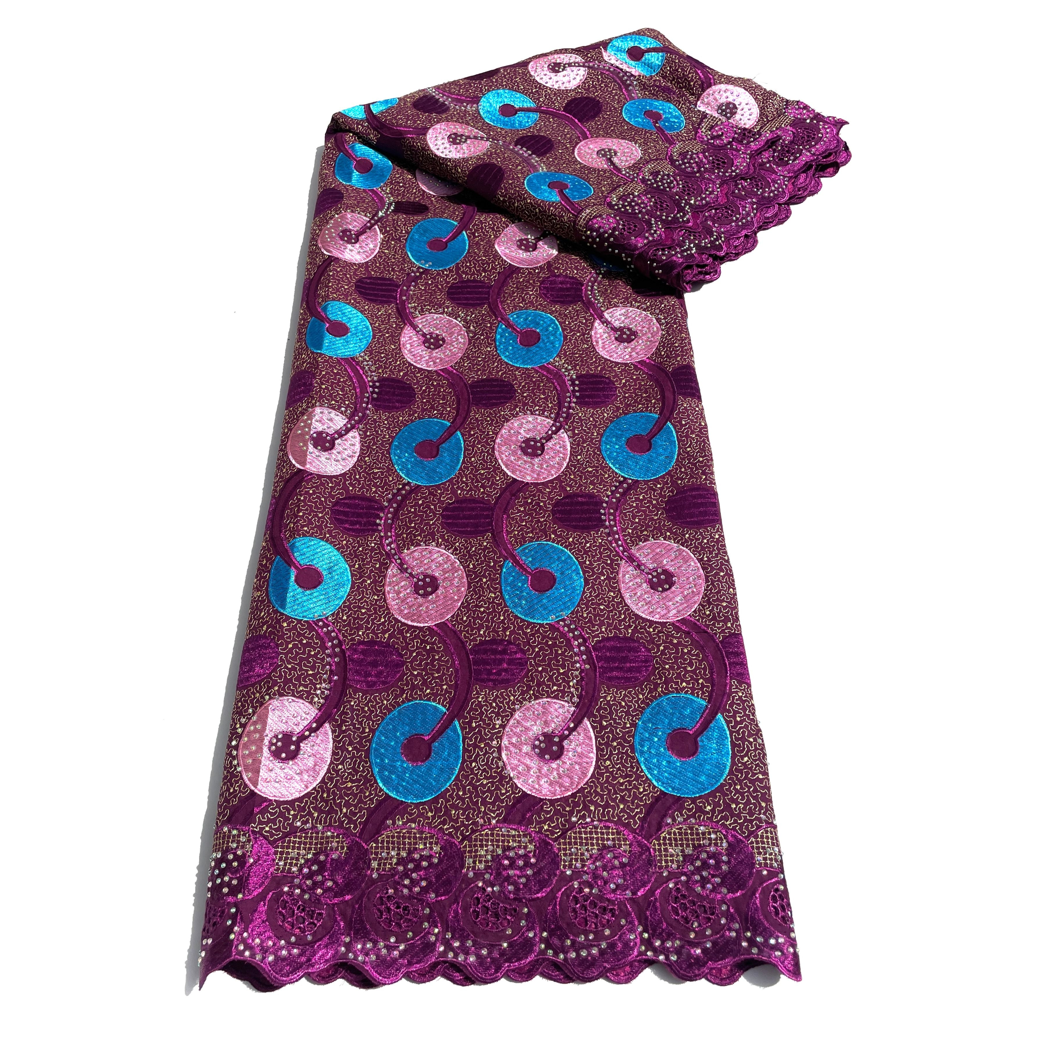 Tissu Brodé Swiss Lace Violet Rose Bleu - 100% Coton 5Y