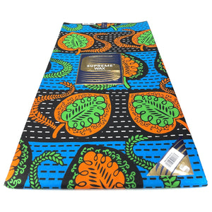 Tissu Pagne Africain BLEU / ORANGE/  VERT