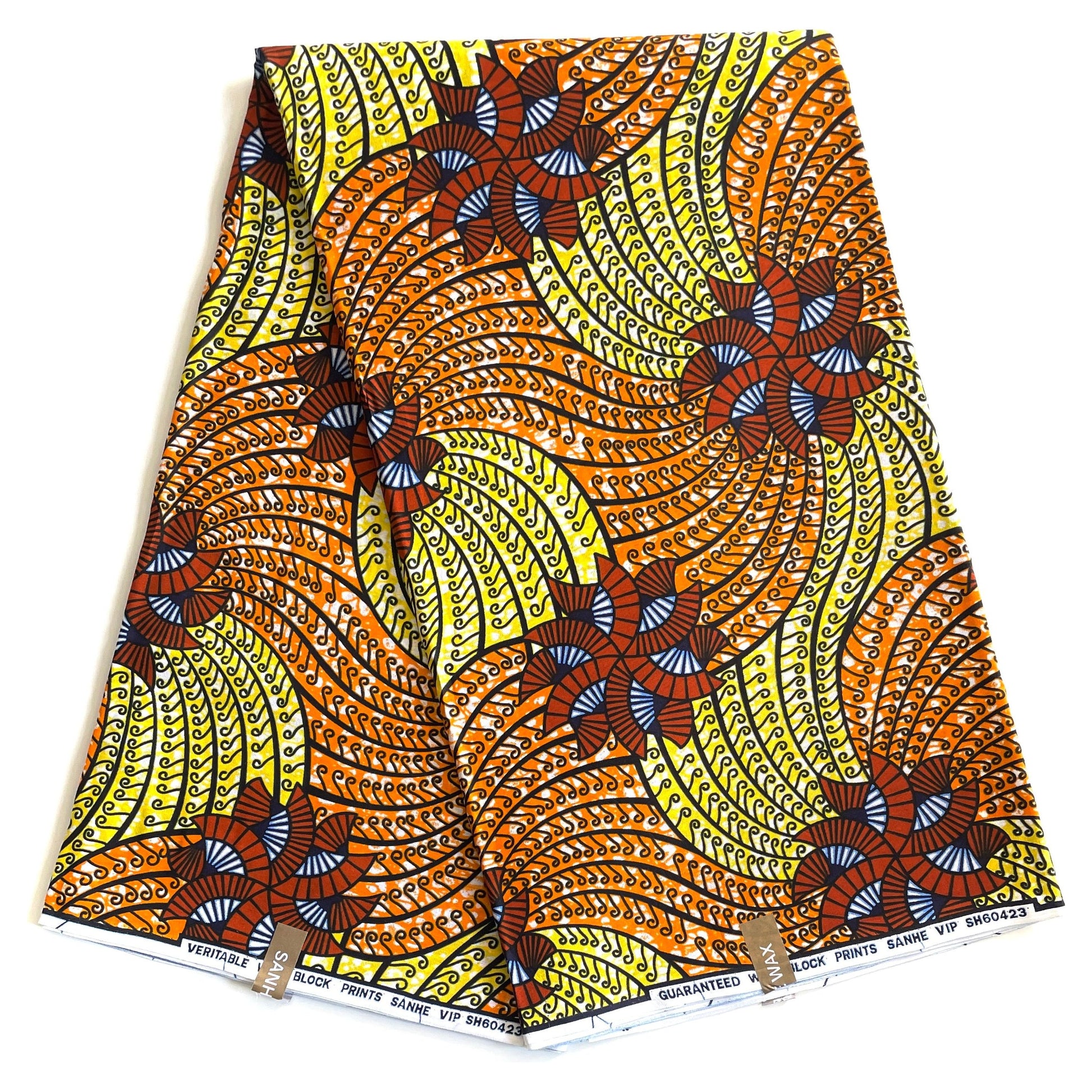 Tissu Pagne Wax - Éventails Tournoyants et Spirales Orange Jaune