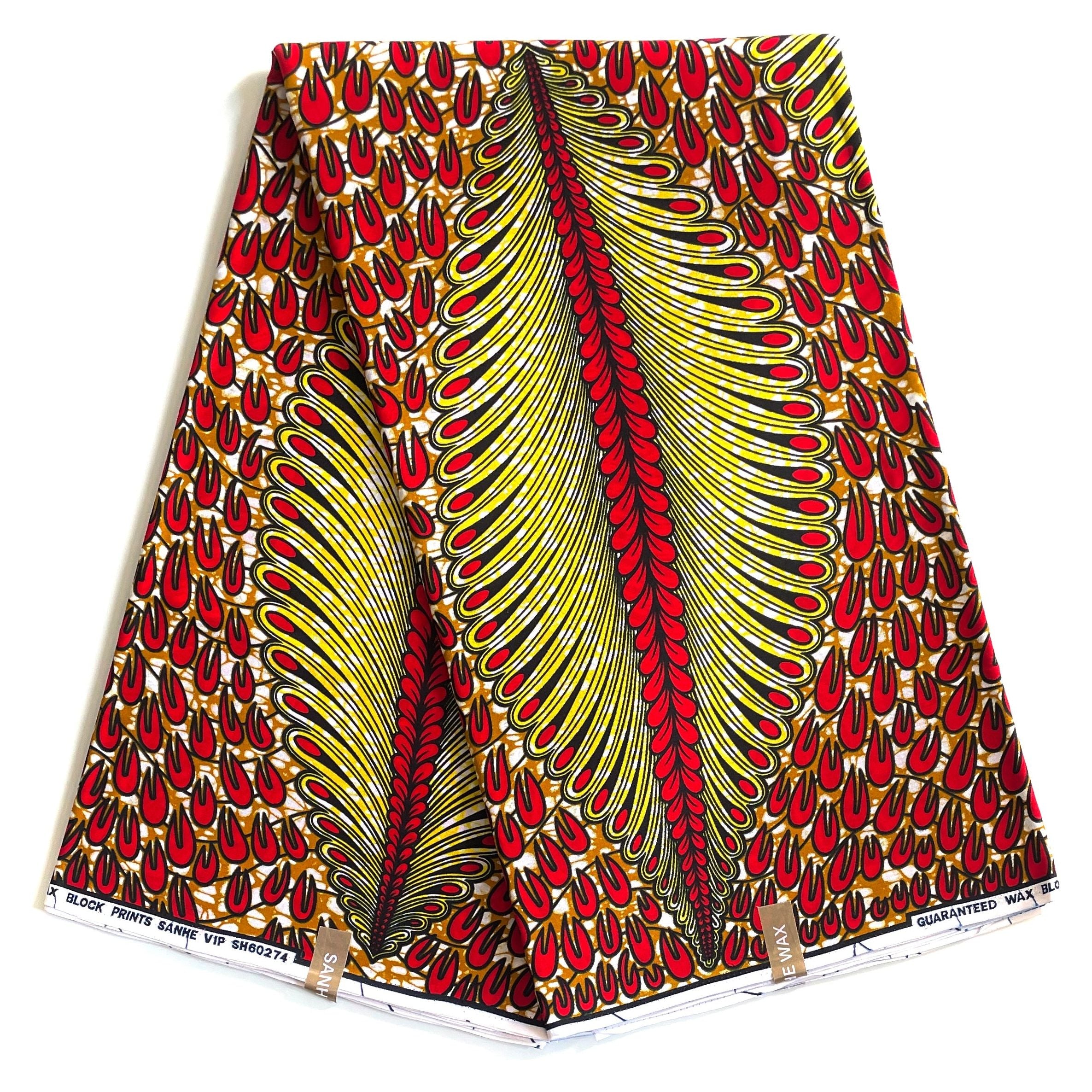 Tissu Wax SANHE - Motif Royal Plume de Paon Rouge et Jaune