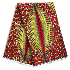 Tissu Wax SANHE - Motif Royal Plume de Paon Rouge et Jaune