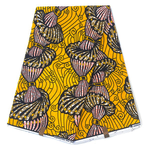 Wax Africain Jaune Foncé & Rose Motif Calices 6 Yards