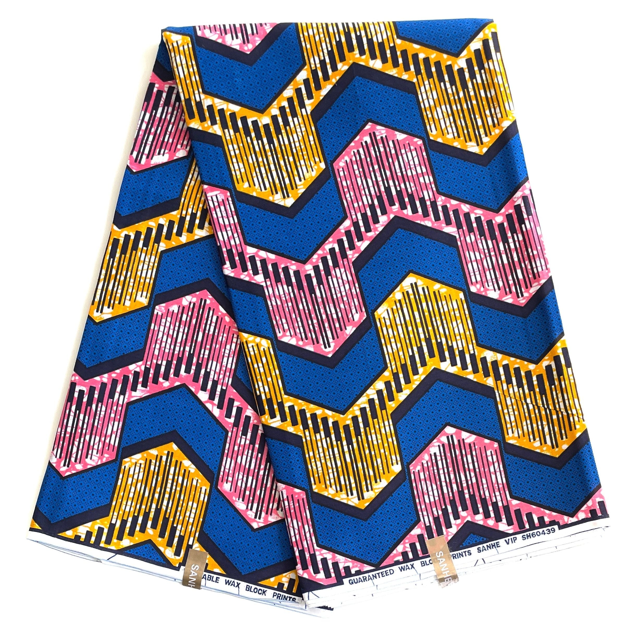 Wax Pagne Africain - Tissu 100% Coton - BLEU / ROSE/ JAUNE