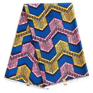 Wax Pagne Africain - Tissu 100% Coton - BLEU / ROSE/ JAUNE